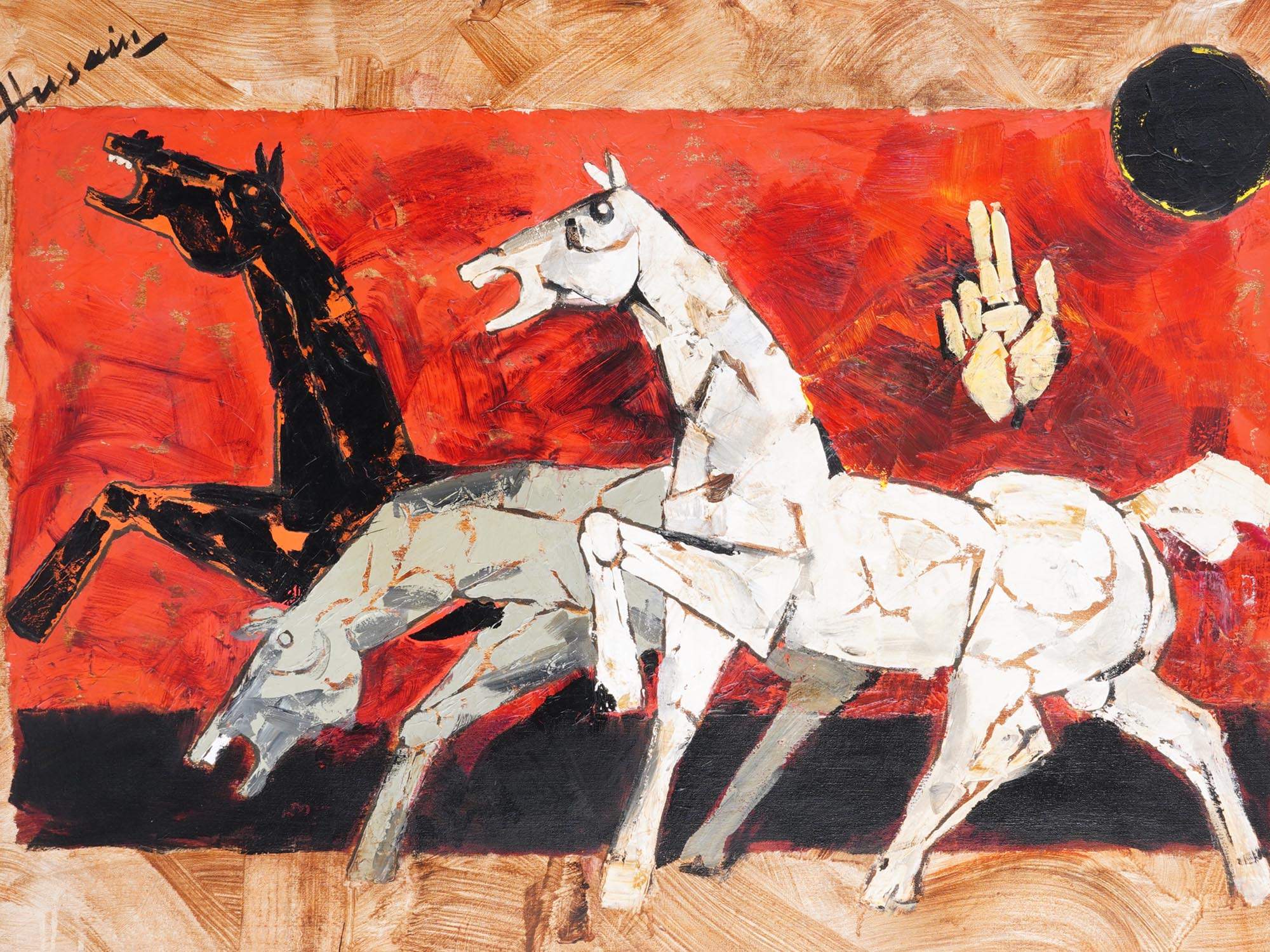 MAQBOOL FIDA HUSAIN INDIAN HORSES ACRYLIC PAINTING PIC-1