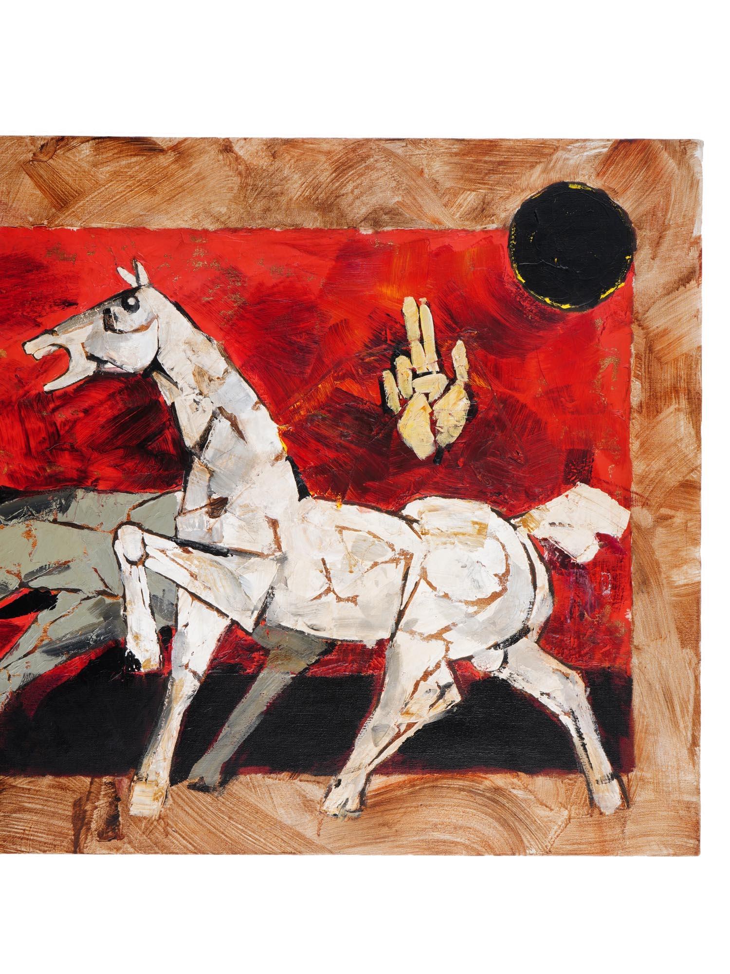 MAQBOOL FIDA HUSAIN INDIAN HORSES ACRYLIC PAINTING PIC-2