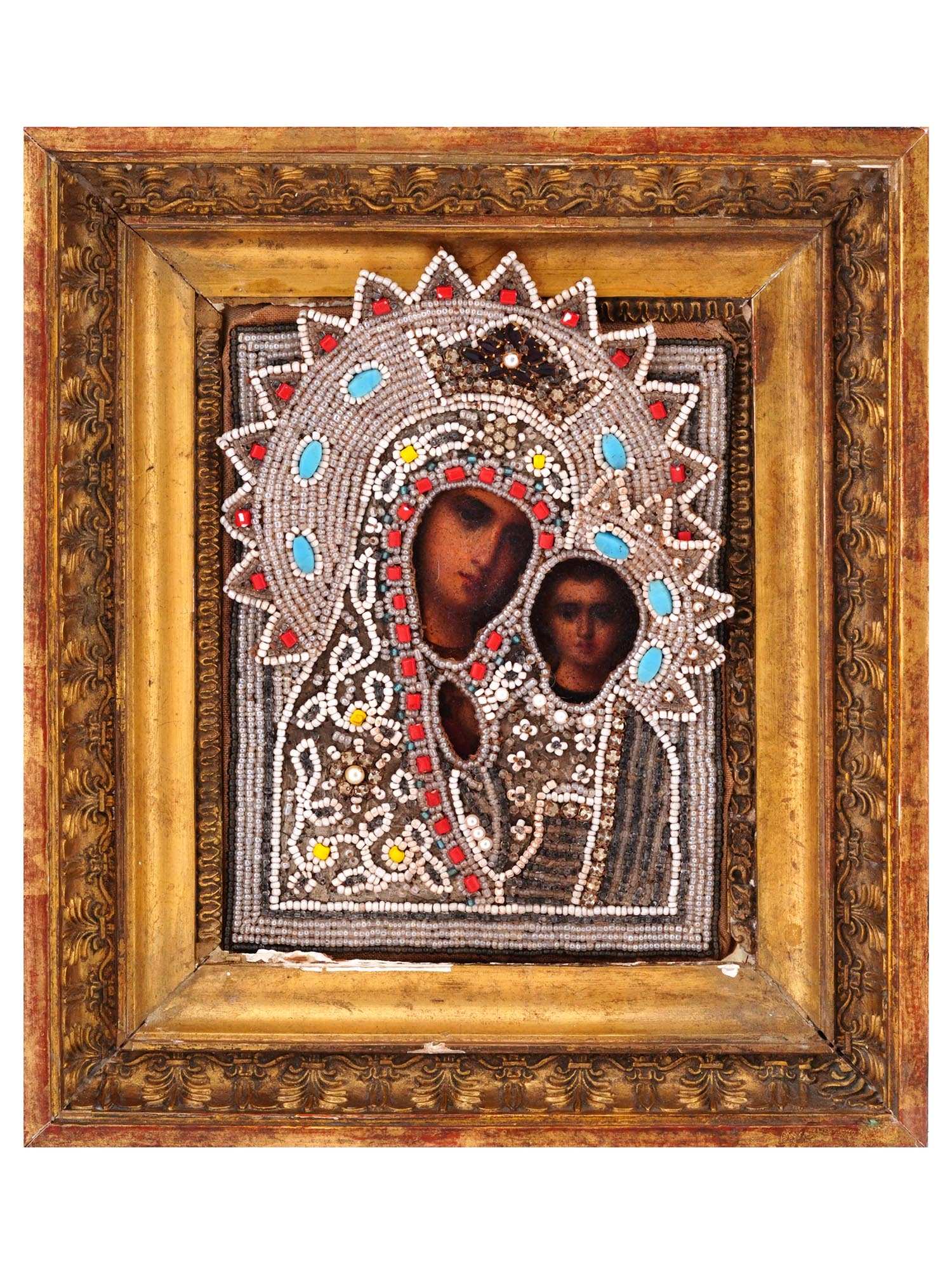 ANTIQUE JEWELED RUSSIAN ICON KAZAN MOTHER OF GOD PIC-0