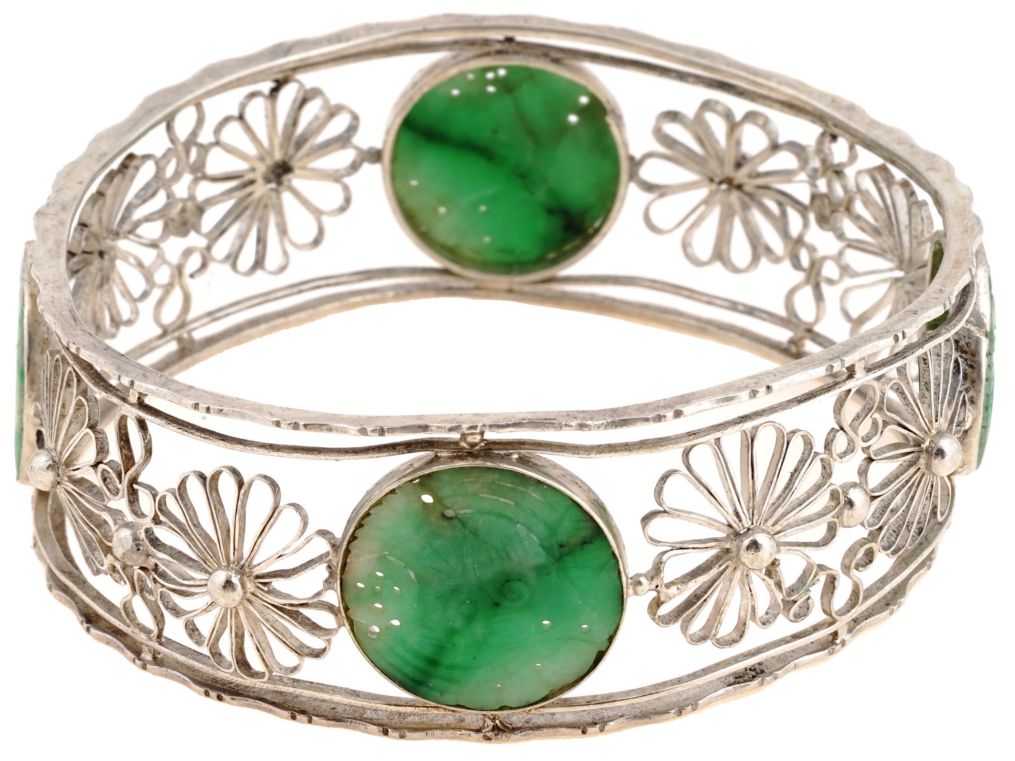 VINTAGE SILVER FILIGREE AND JADE BANGLE BRACELET PIC-2