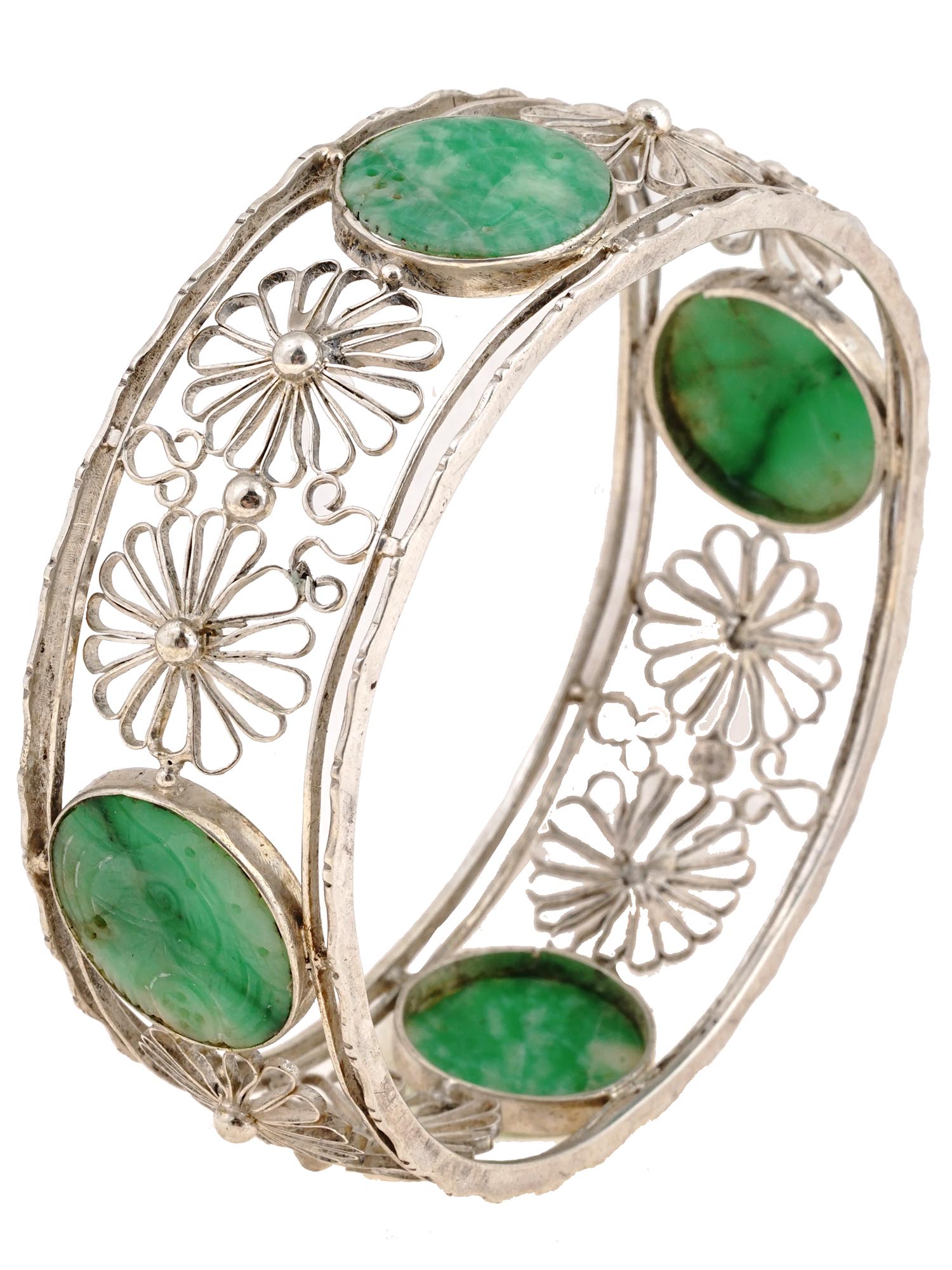 VINTAGE SILVER FILIGREE AND JADE BANGLE BRACELET PIC-1