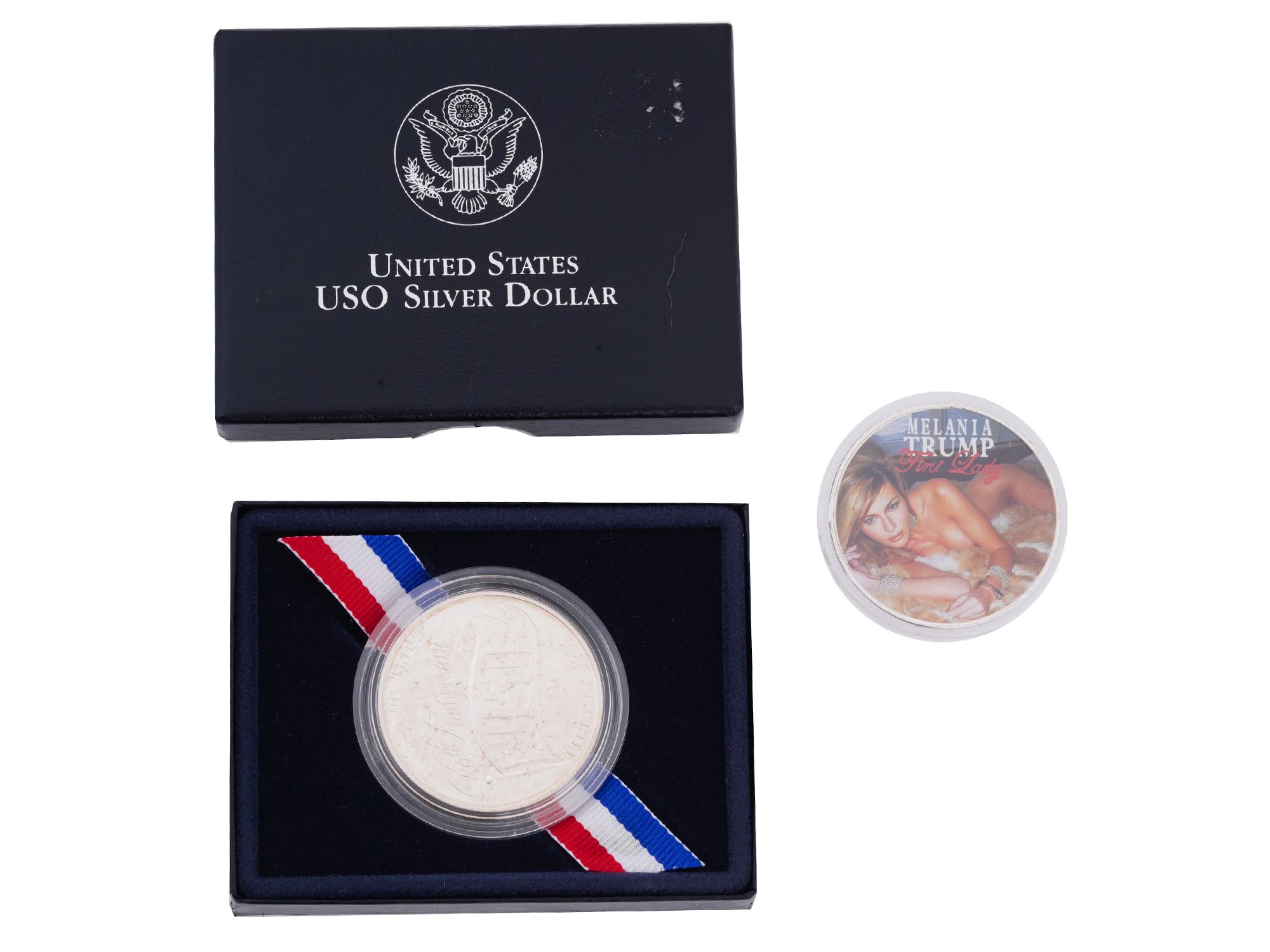 1991 USO SILVER DOLLAR COIN AND MELANIA TRUMP COIN PIC-0