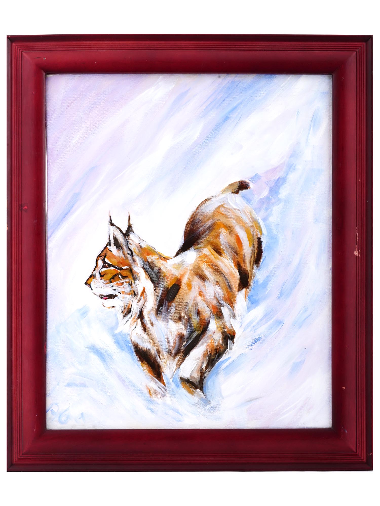 MID CENTURY BOBCAT IN SNOW PAINTING SIGNED PIC-0
