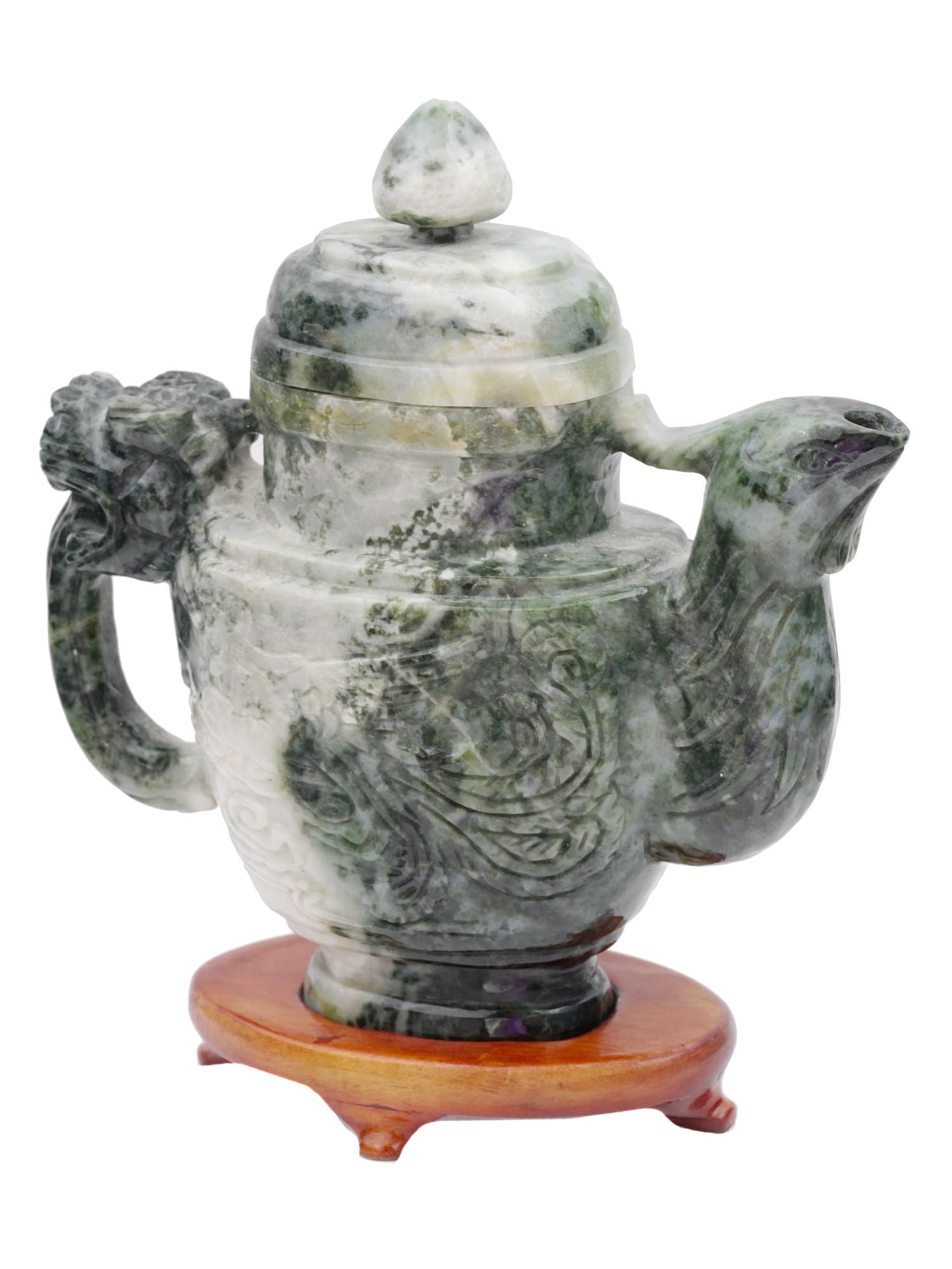 ANTIQUE CHINESE QING CARVED JADE TEAPOT WITH STAND PIC-3