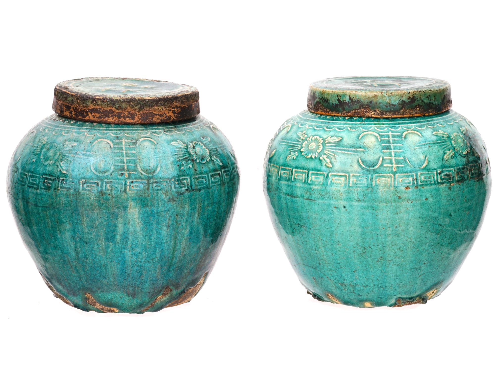 ANTIQUE CHINESE COVERED GLAZED TERRACOTTA OIL JARS PIC-0