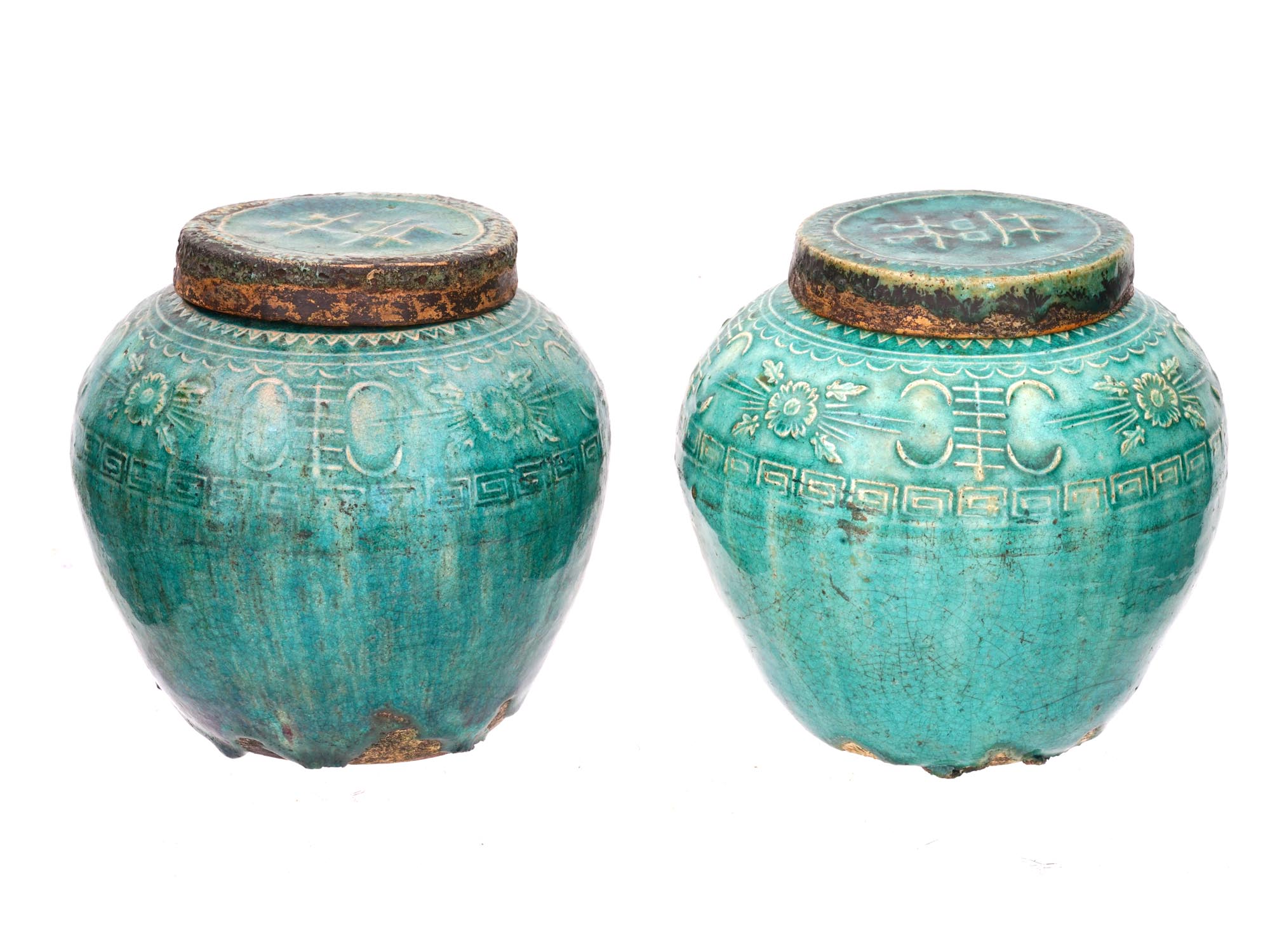 ANTIQUE CHINESE COVERED GLAZED TERRACOTTA OIL JARS PIC-1