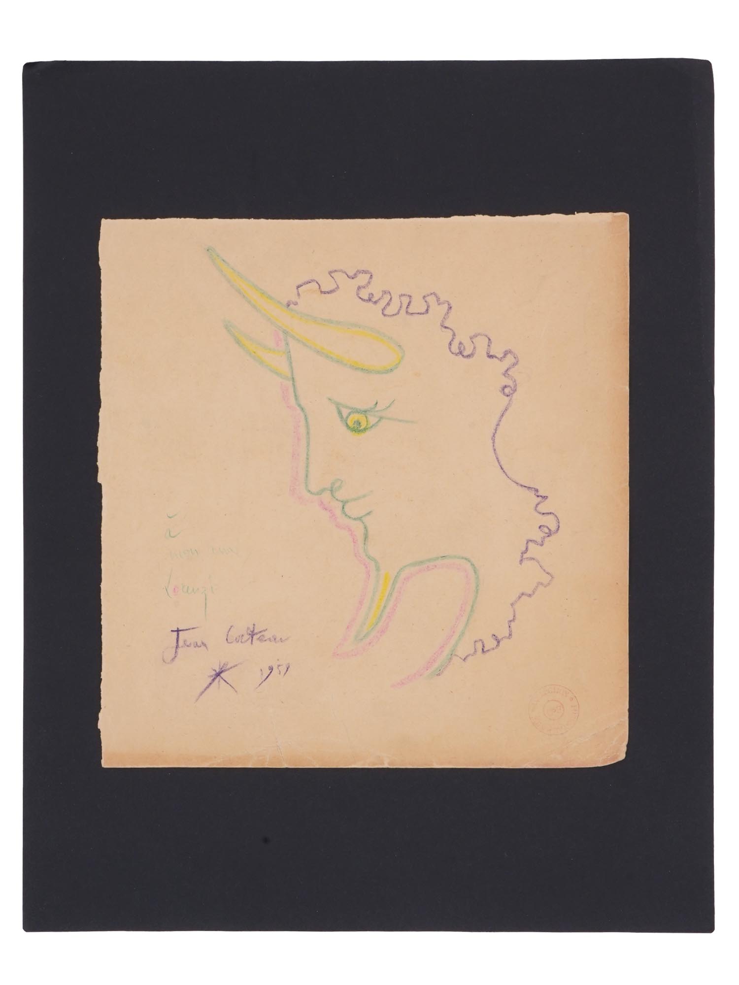 1959 PENCIL DRAWING WITH DEDICATION BY JEAN COCTEAU PIC-0