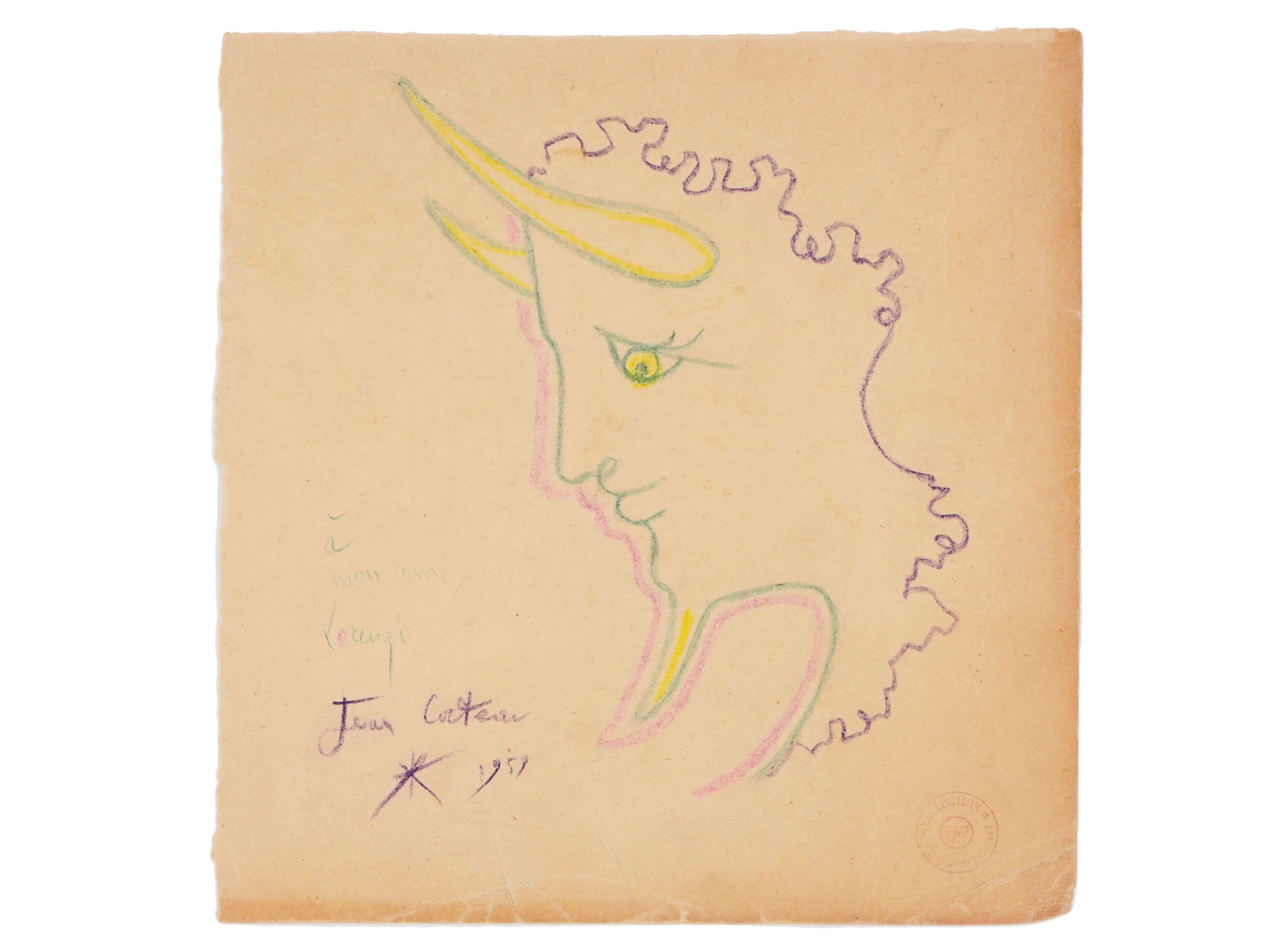 1959 PENCIL DRAWING WITH DEDICATION BY JEAN COCTEAU PIC-1