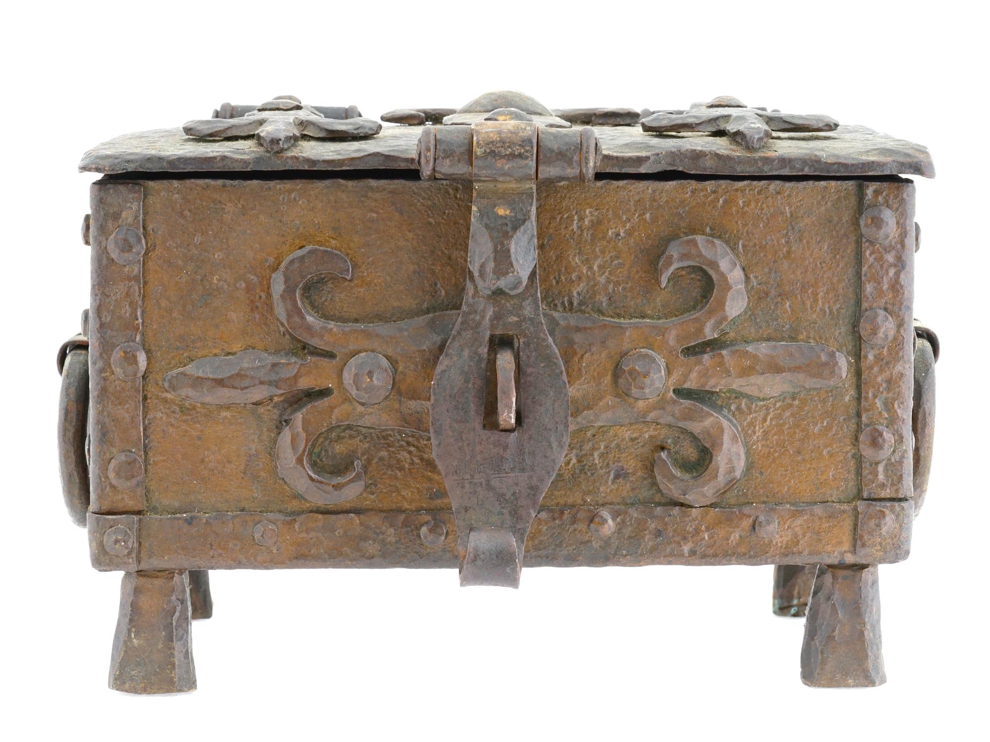 ANTIQUE MEDIEVAL REVIVAL FORGED IRON TRUNK CASKET PIC-1