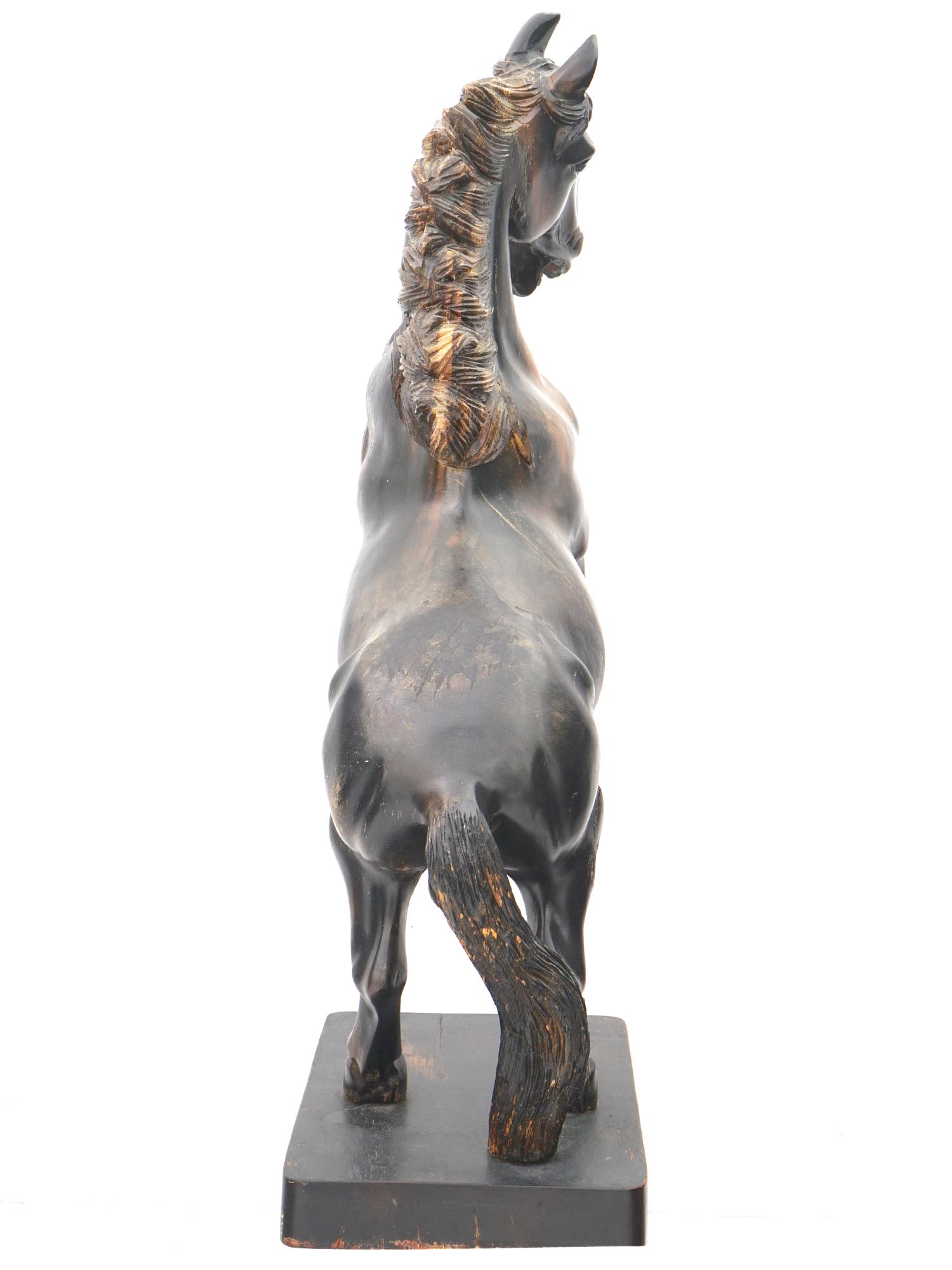 VINTAGE WOOD CARVED STATUE OF A HORSE ON ITS BACK FEET PIC-5