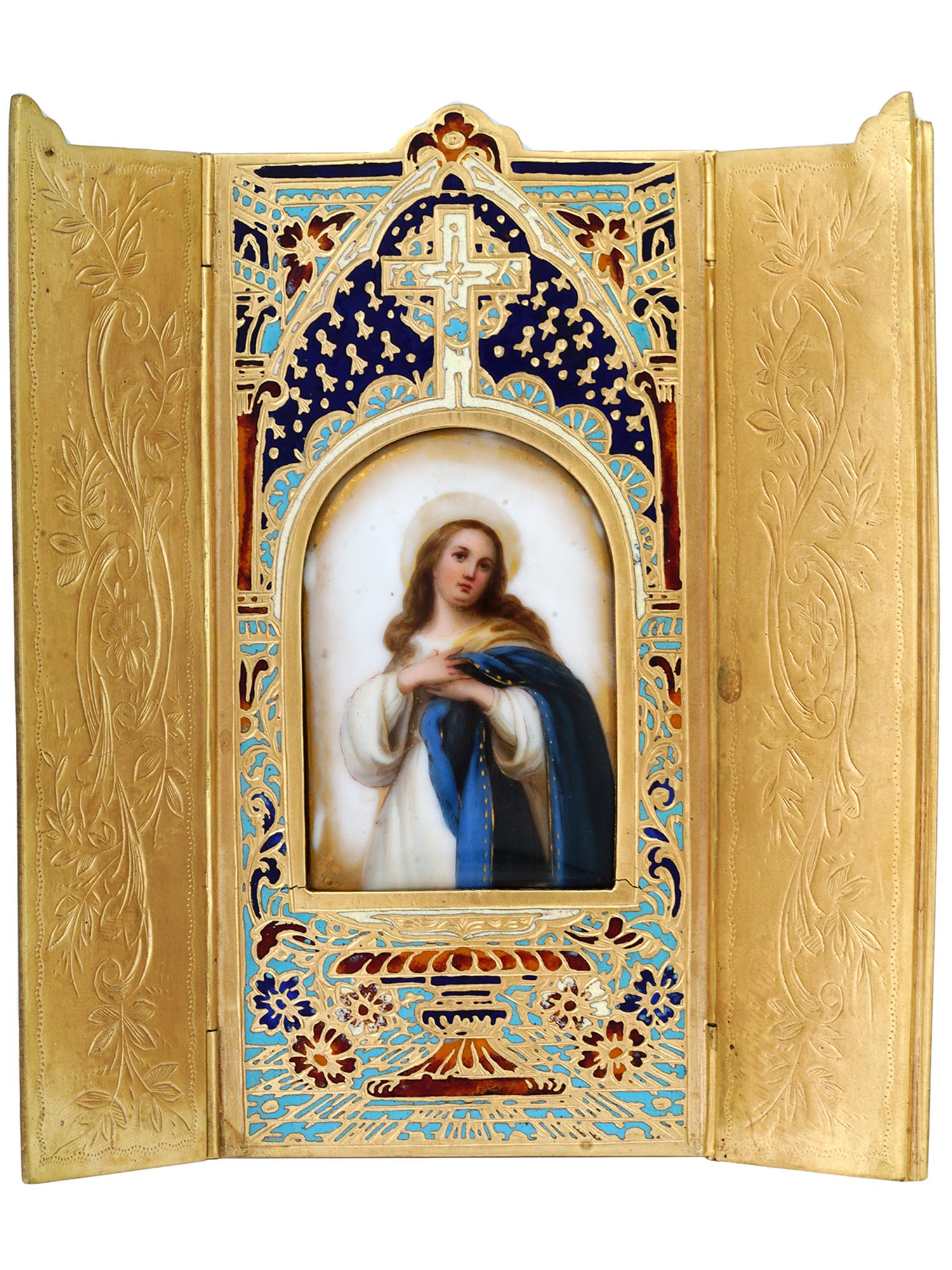 ANTIQUE MINIATURE OF VIRGIN MARY IN CLOISONNE FRAME PIC-0