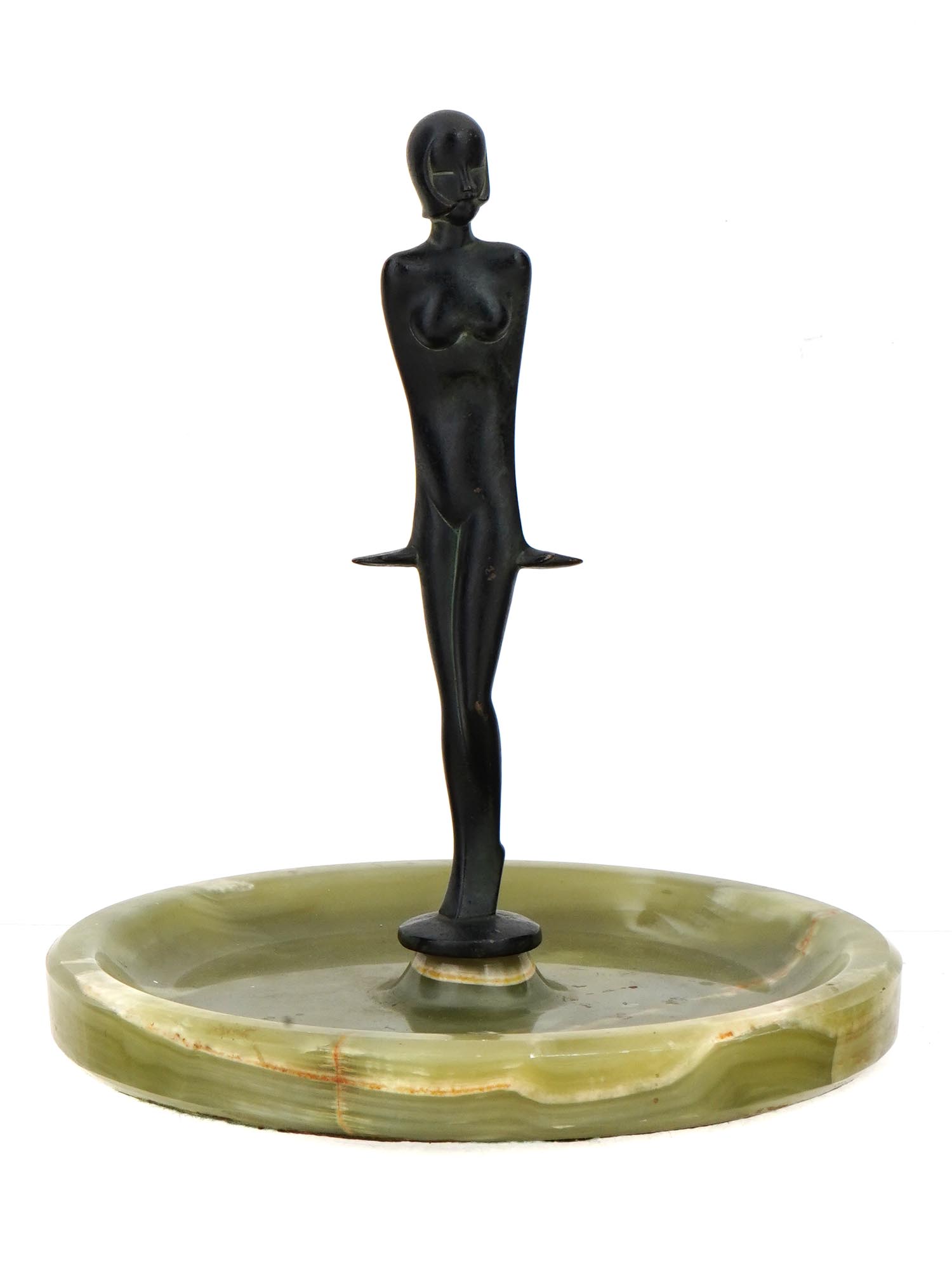 ART DECO BRONZE JADE STONE FEMALE NUDE ASHTRAY PIC-0