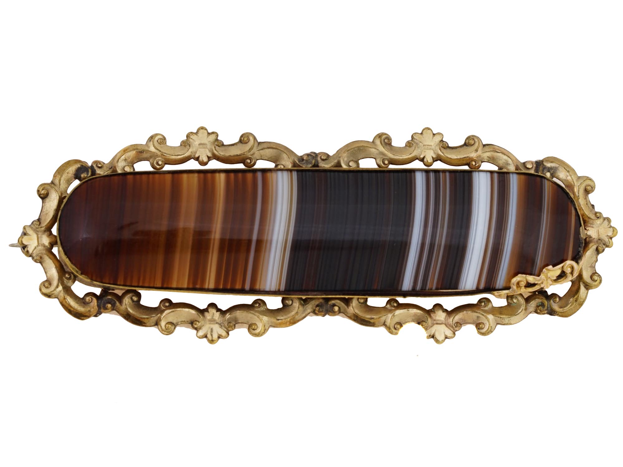 EDWARDIAN ERA SCOTTISH GILT BANDED AGATE BAR BROOCH PIC-0