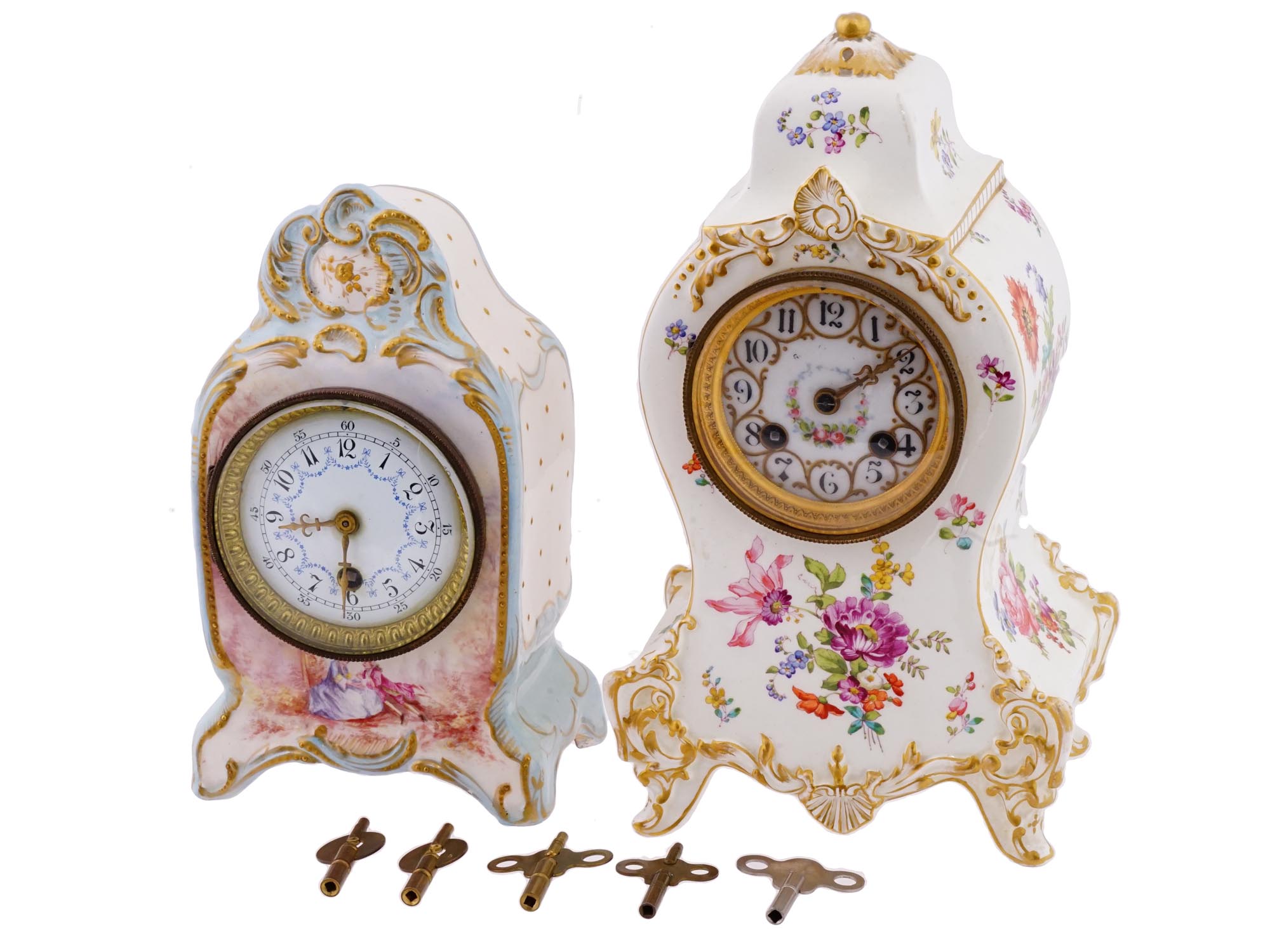 PAIR OF ANTIQUE GILT PORCELAIN MANTEL CLOCKS PIC-0