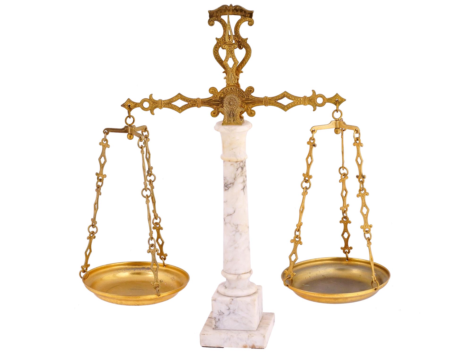 NEOCLASSICAL GILT BRASS WHITE MARBLE BALANCE SCALE PIC-0