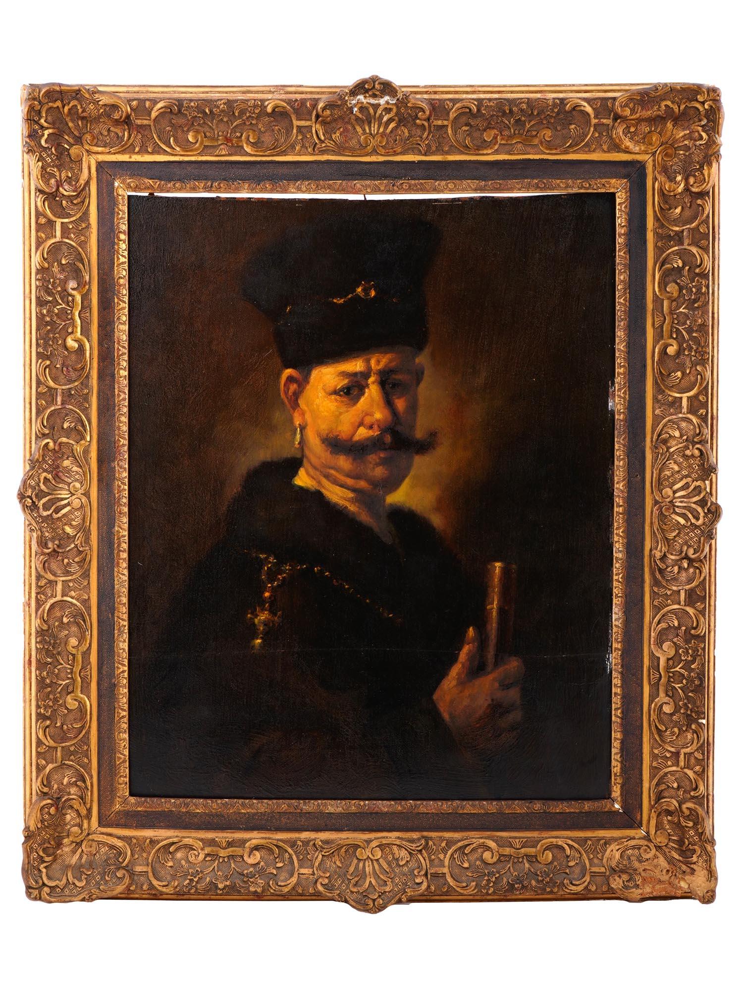 19TH C OIL PAINTING POLISH NOBLEMAN AFTER REMBRANDT PIC-0