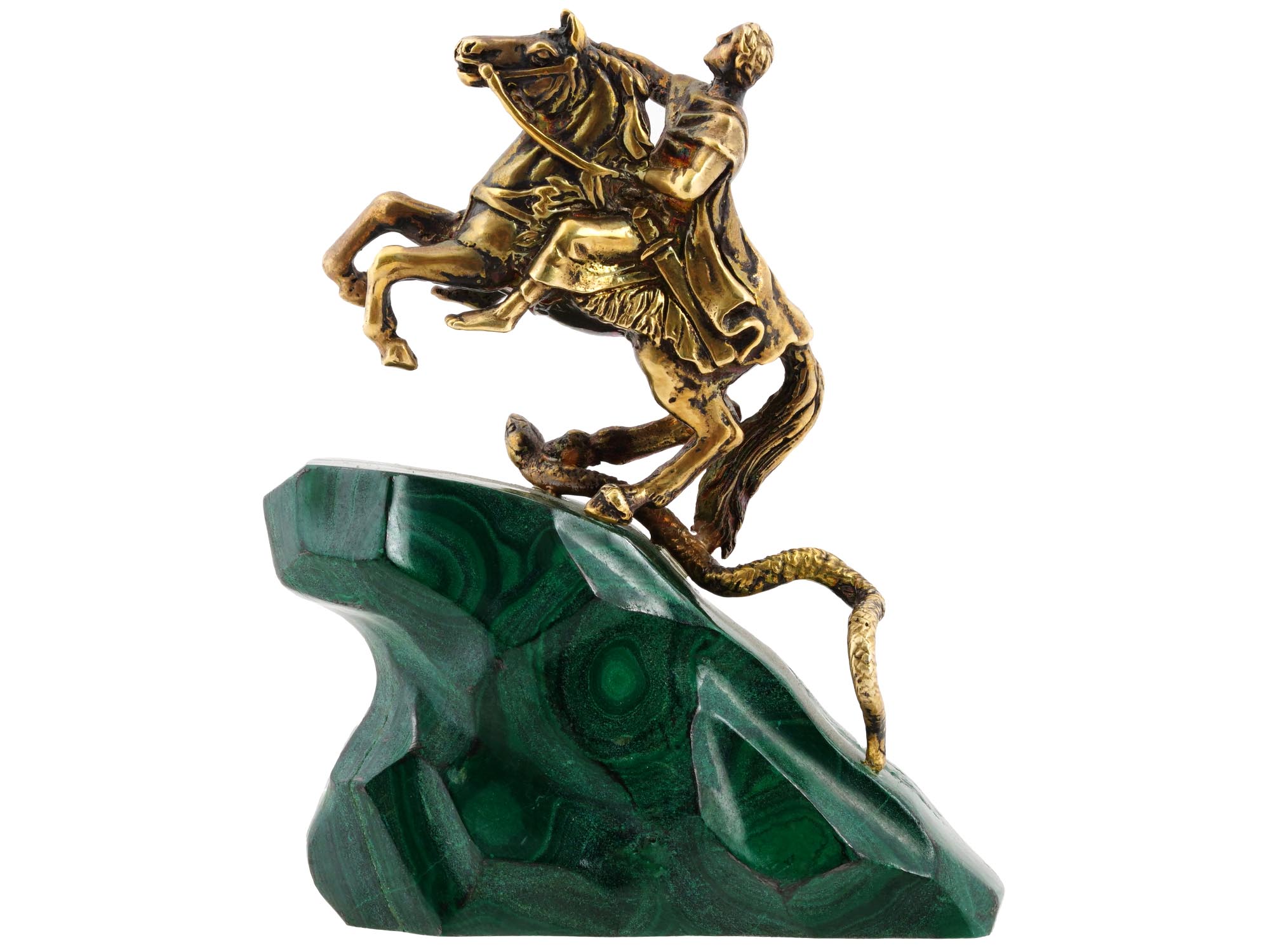 RUSSIAN GILT SILVER MALACHITE PETER GREAT STATUE PIC-2