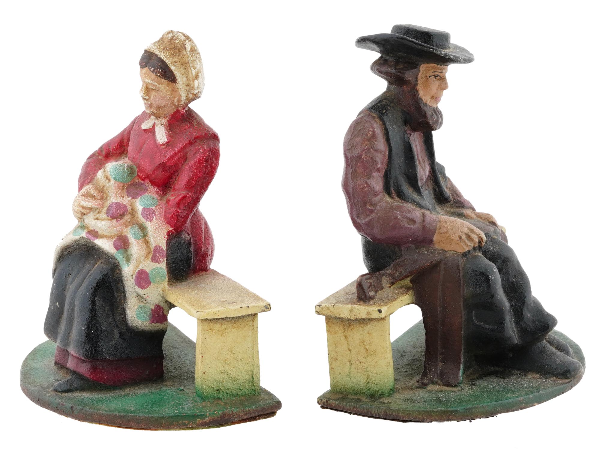 ANTIQUE CAST IRON AMISH COUPLE DOOR STOPPERS PIC-1