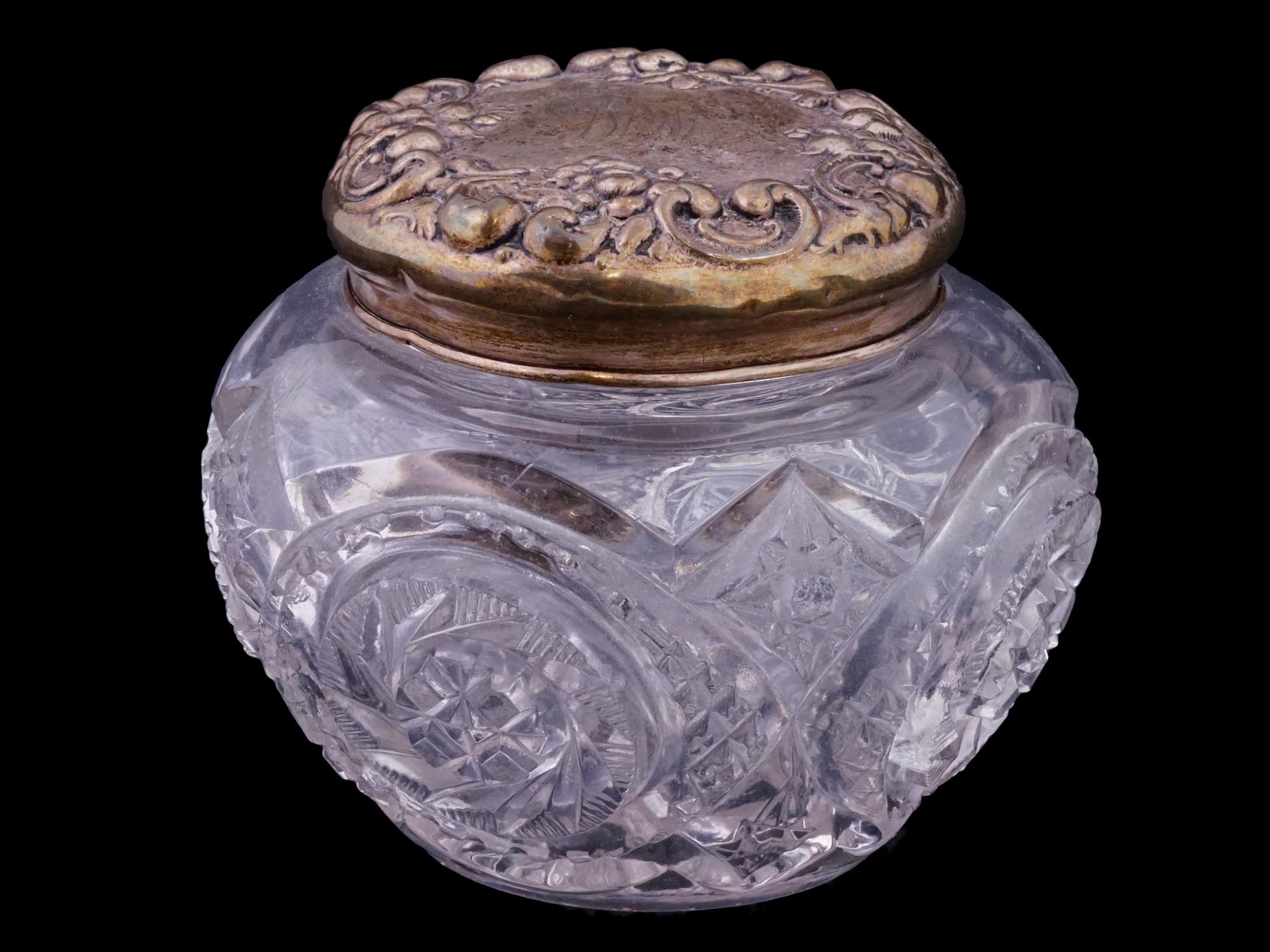 ANTIQUE STERLING SILVER AND CUT GLASS DRESSER JAR PIC-0