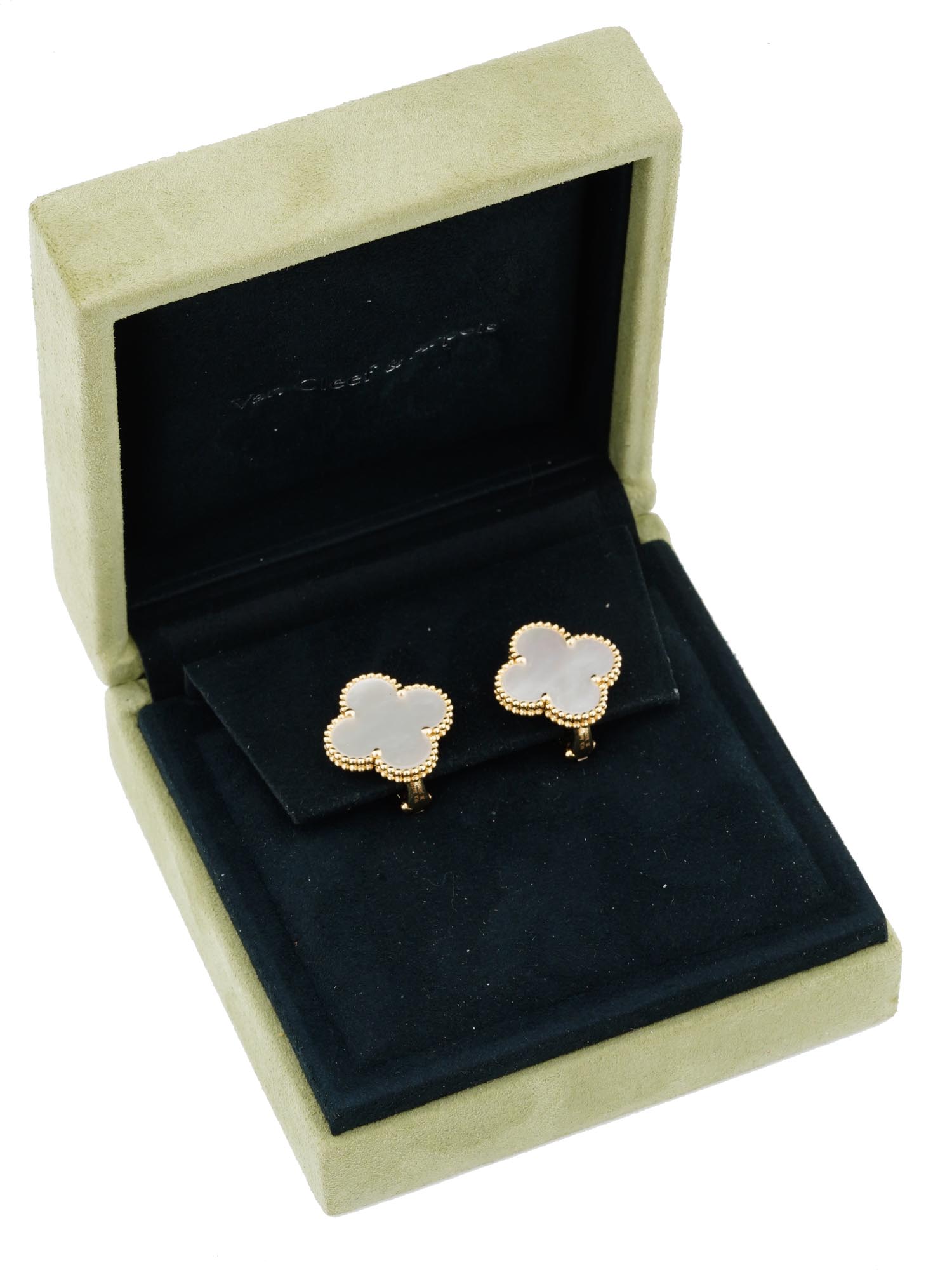 VAN CLEEF ALHAMBRA 18K GOLD MOTHER OF PEARL EARRINGS PIC-0