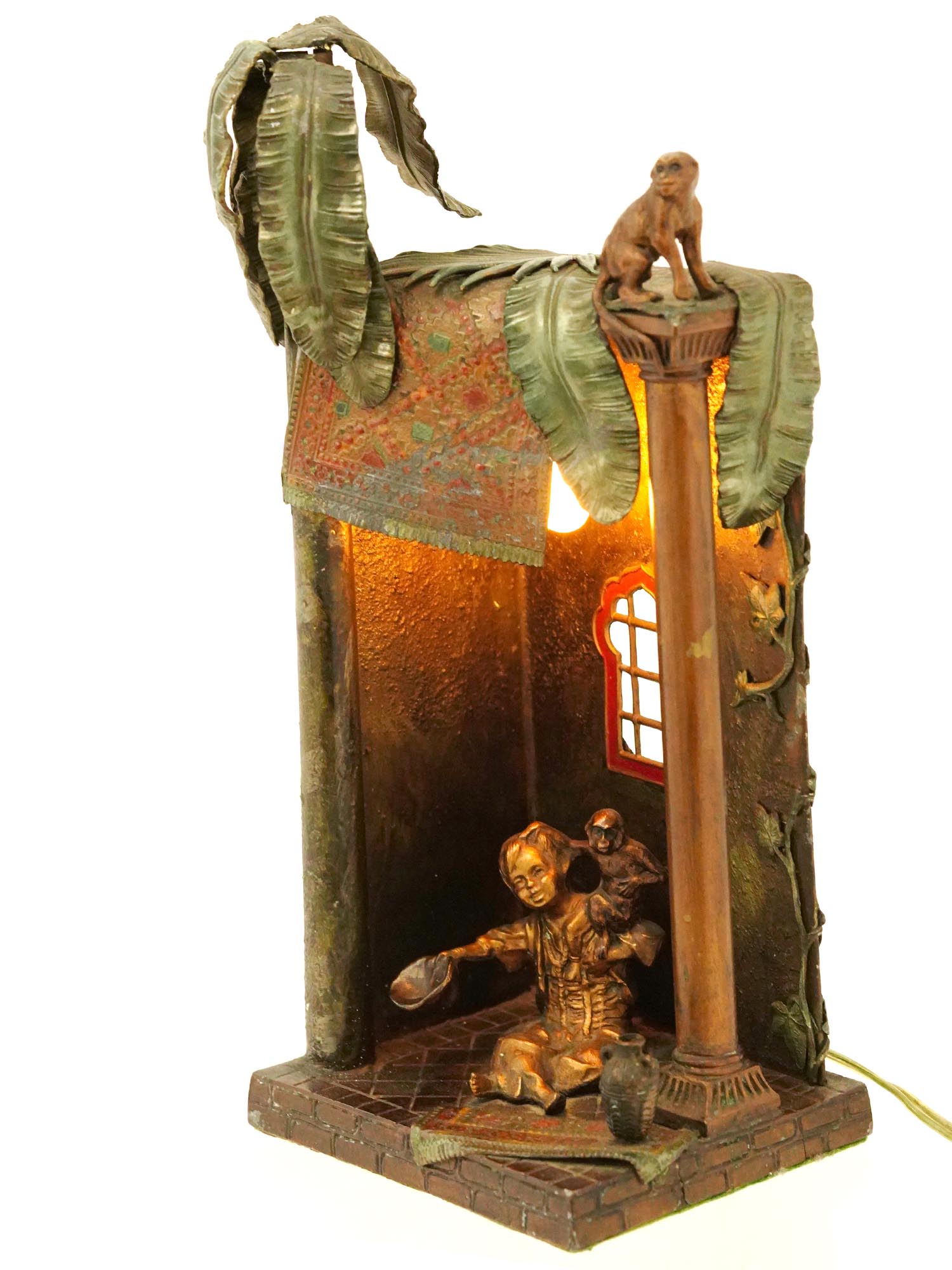 ANTIQUE AUSTRIAN BRONZE TABLE LAMP BOY WITH MONKEY PIC-0