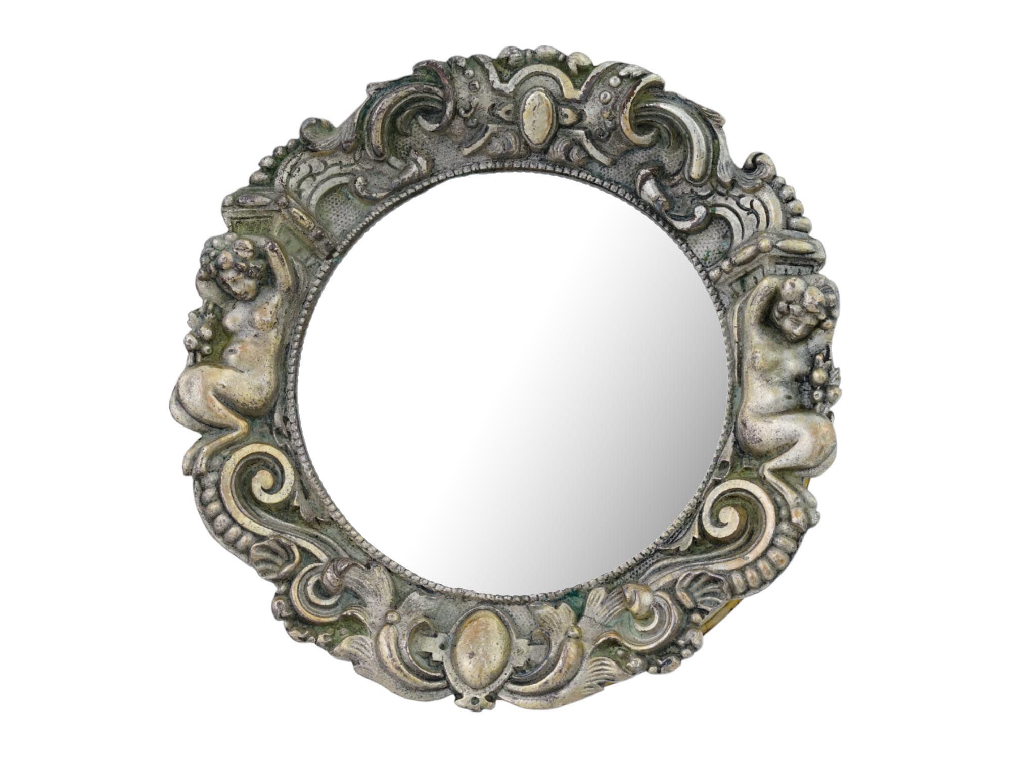 ANTIQUE BAROQUE ORNATE SILVERED BRONZE WALL MIRROR PIC-0