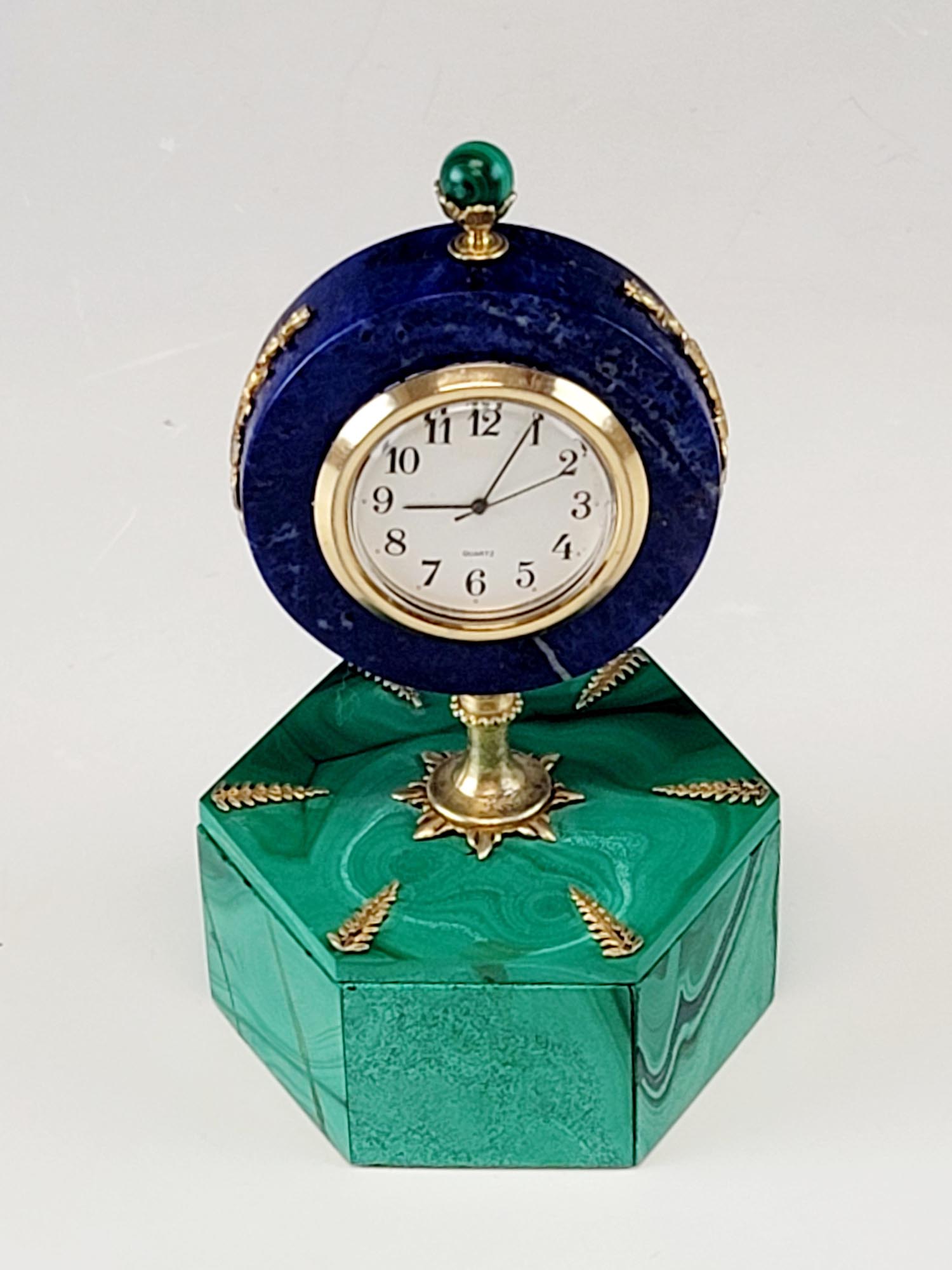 ART DECO MALACHITE LAPIS GILT SILVER DESK CLOCK BOX PIC-3