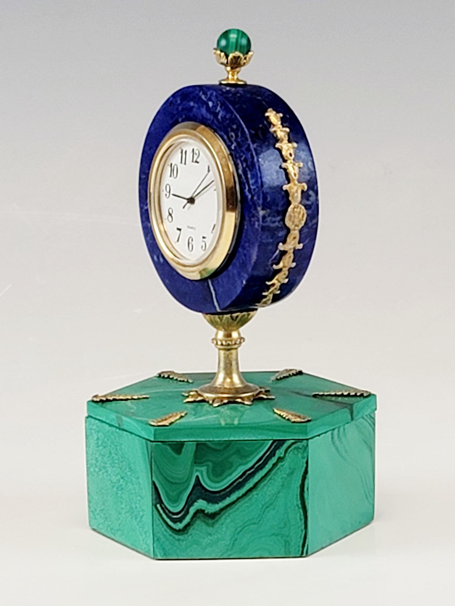 ART DECO MALACHITE LAPIS GILT SILVER DESK CLOCK BOX PIC-1