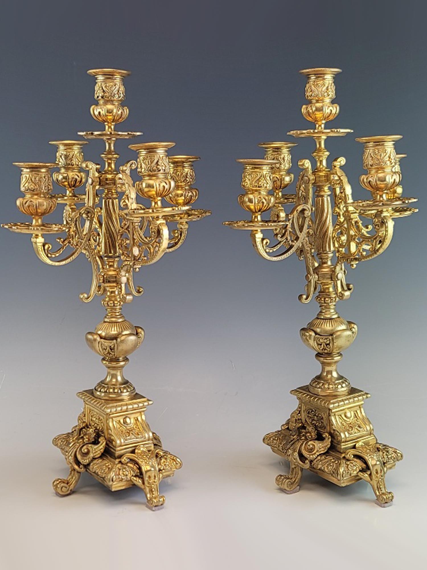 ANTIQUE 19C FRENCH GILT BRONZE CLOCK CANDELABRA SET PIC-1