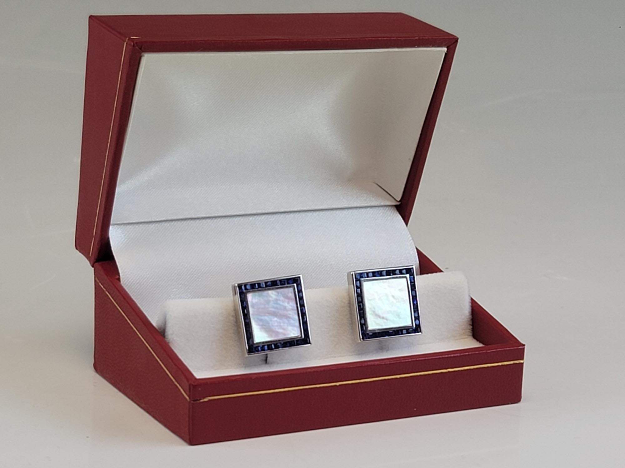 18K GOLD CHANNEL SAPPHIRES MOTHER OF PEARL CUFFLINKS PIC-0