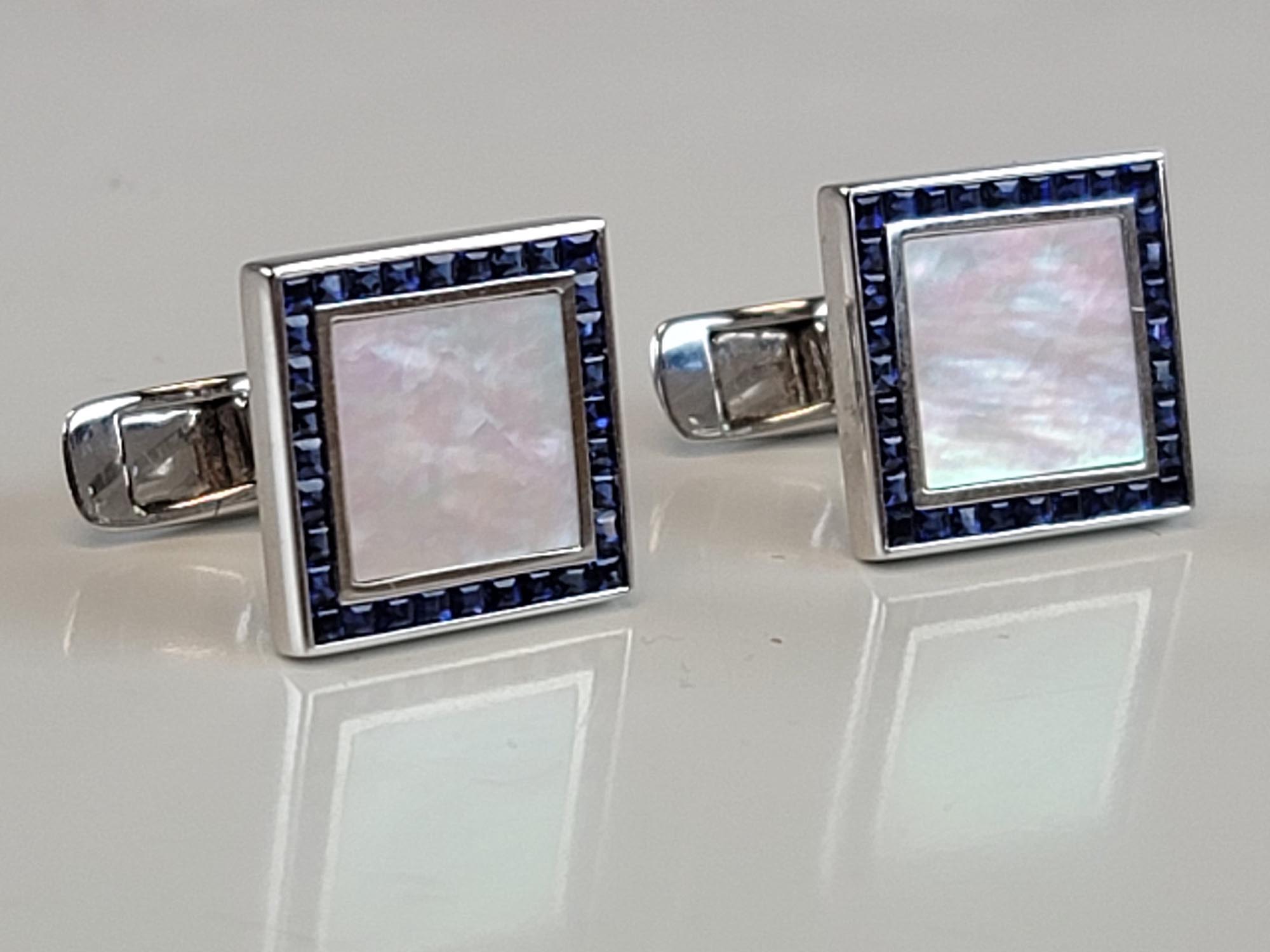 18K GOLD CHANNEL SAPPHIRES MOTHER OF PEARL CUFFLINKS PIC-1