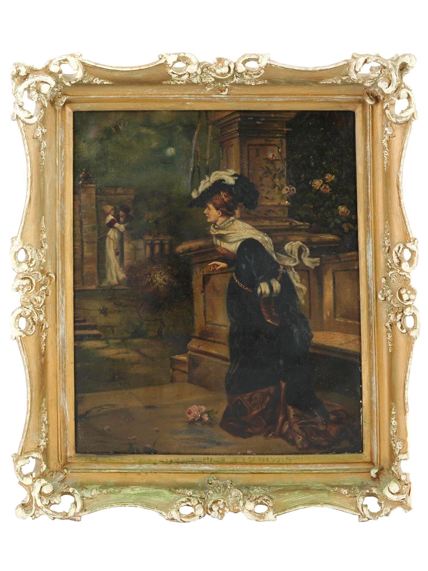 ANTIQUE 19TH C LOVERS GARDEN SCENE OIL PAINTING PIC-0