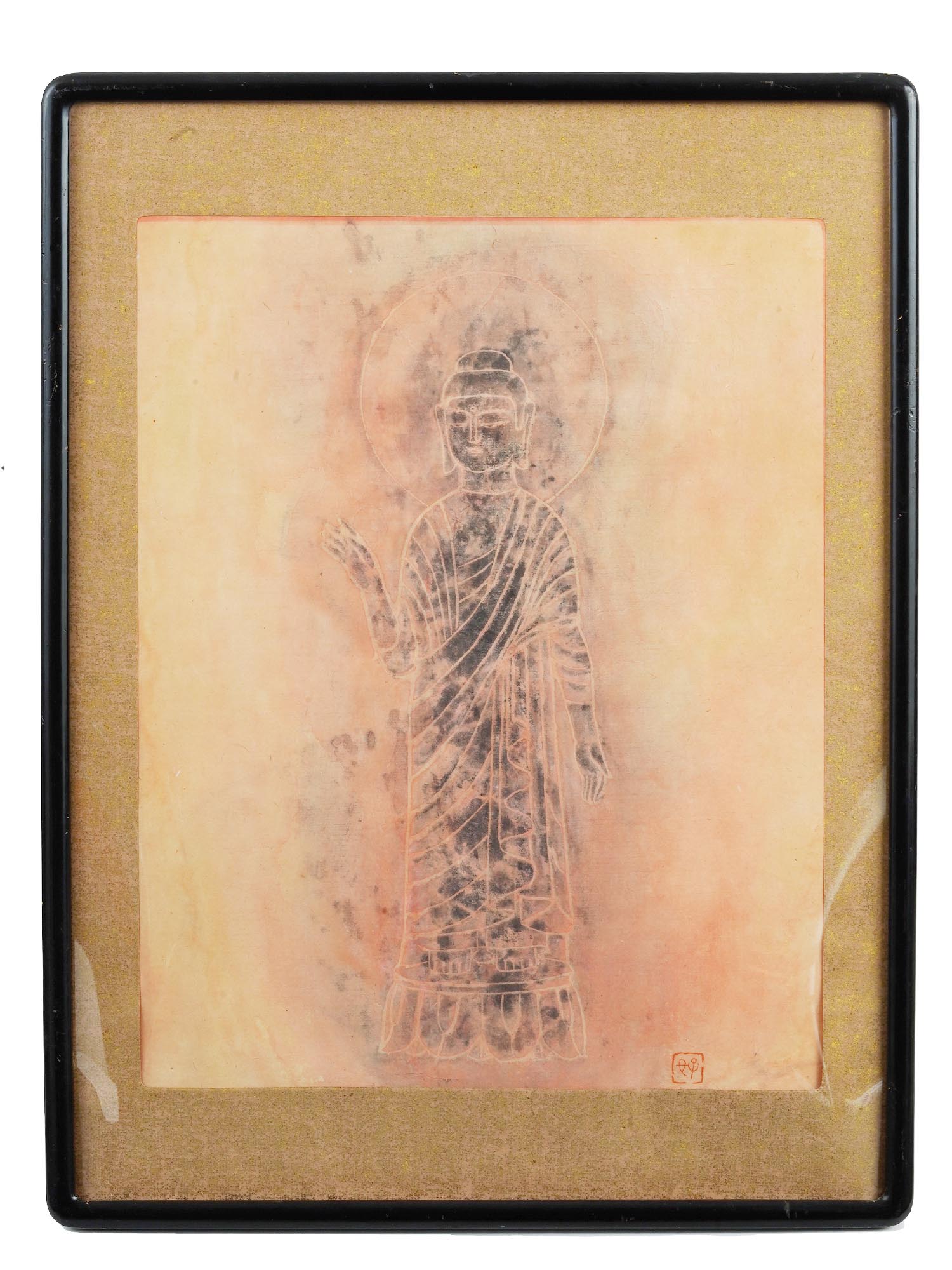 ASIAN BUDDHIST INK RUBBING ON PAPER SIGNED FRAMED PIC-0