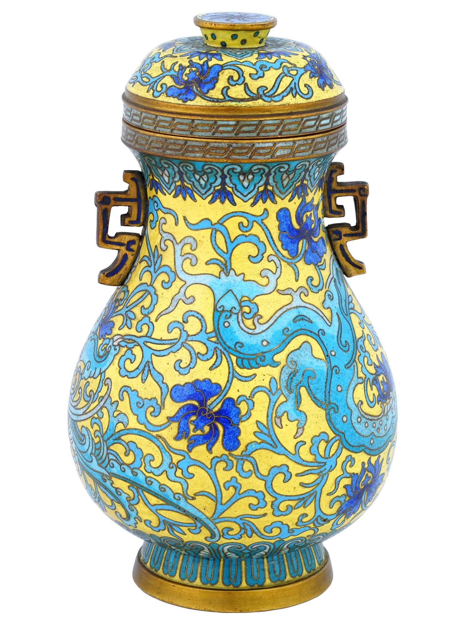 CHINESE QING BLUE AND YELLOW CLOISONNE LIDDED VASE PIC-0