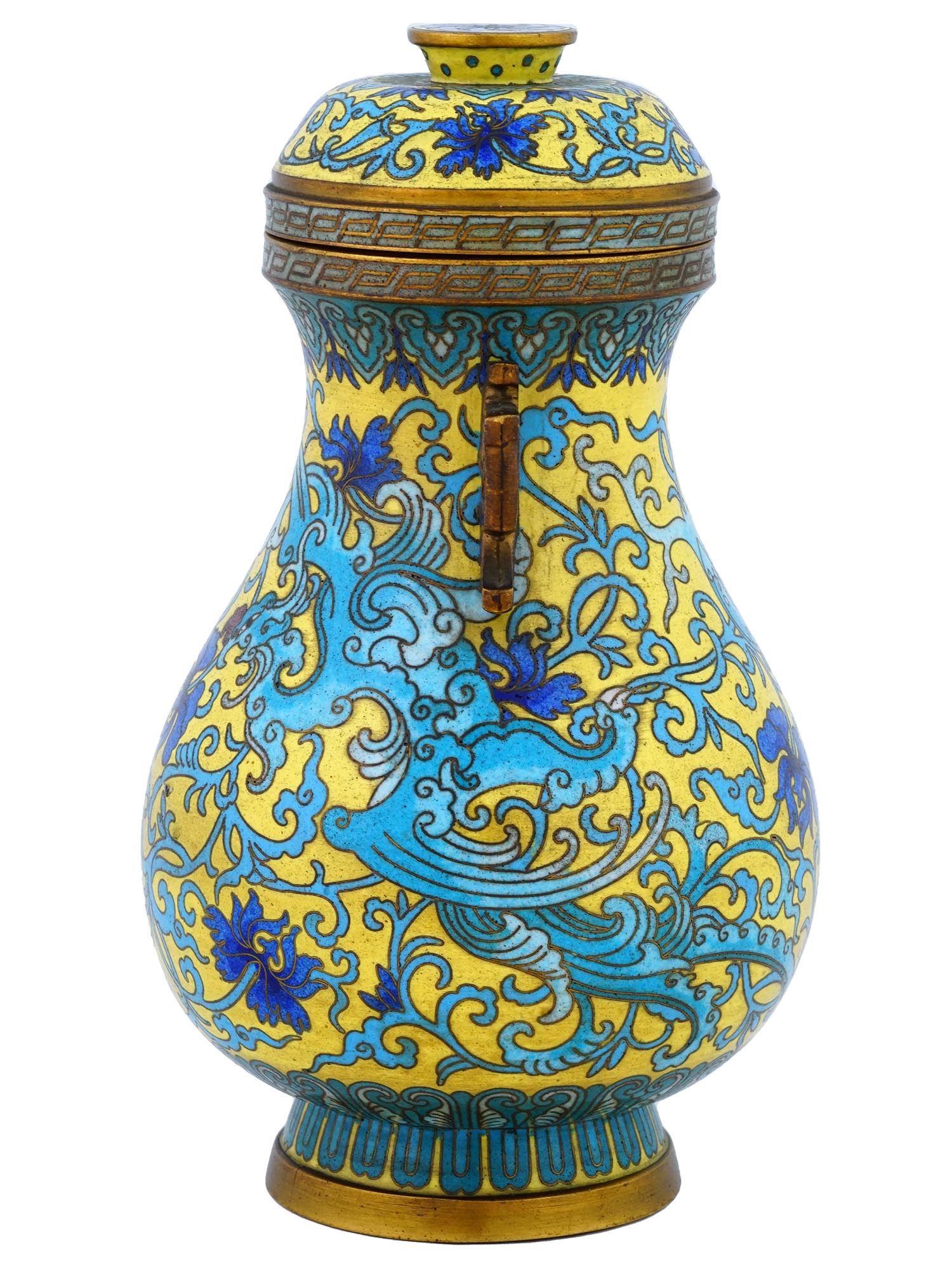 CHINESE QING BLUE AND YELLOW CLOISONNE LIDDED VASE PIC-1