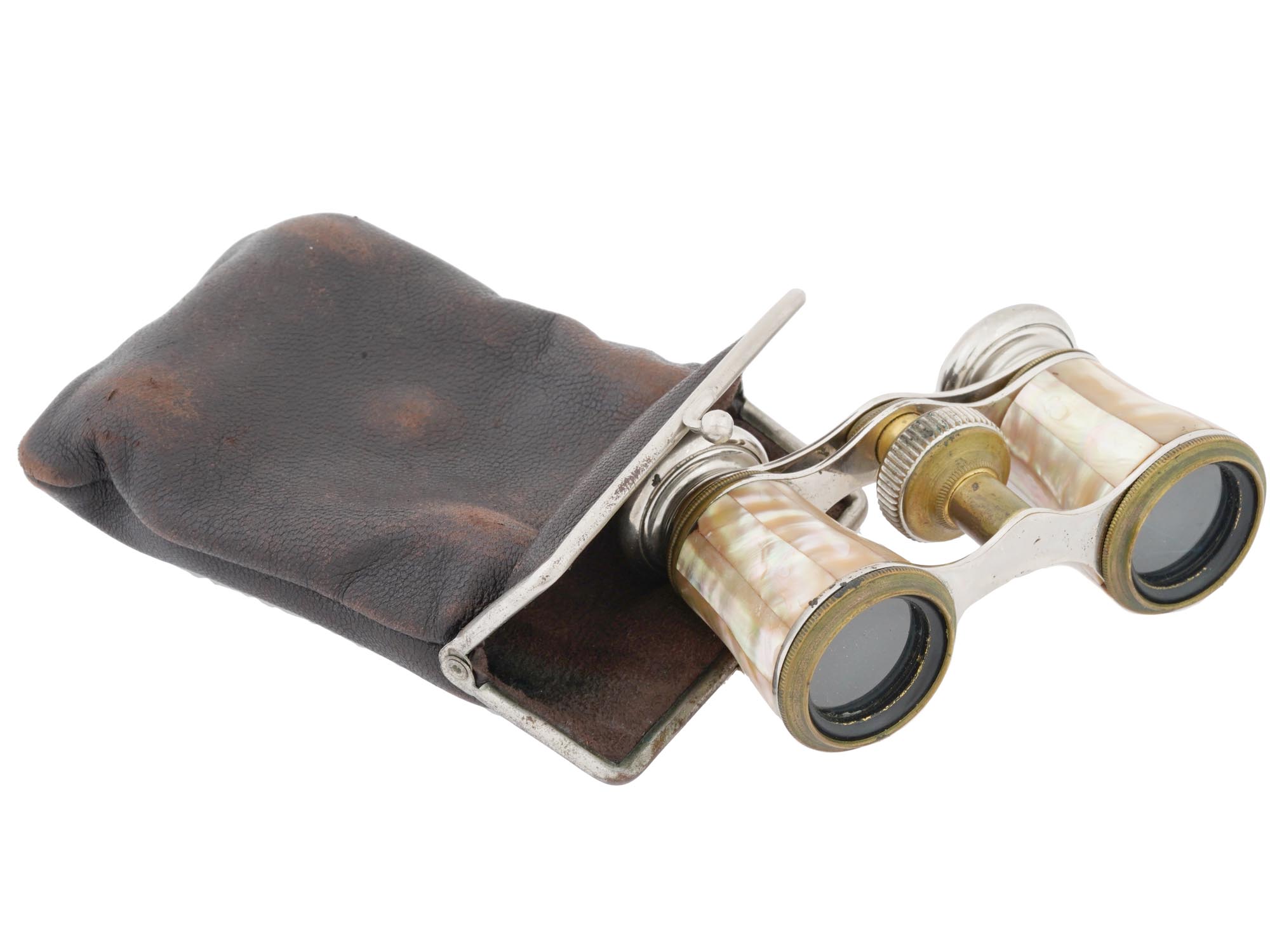 FRENCH MOTHER OF PEARL OPERA GLASSES IN LEATHER CASE PIC-0
