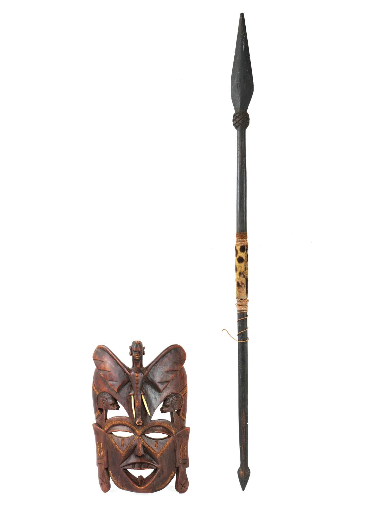 AFRICAN HAND CRAFTED TRIBAL MASK AND POINTED SPEAR PIC-0