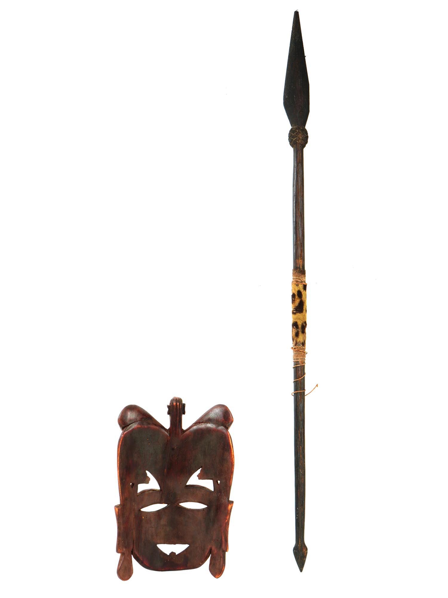 AFRICAN HAND CRAFTED TRIBAL MASK AND POINTED SPEAR PIC-1