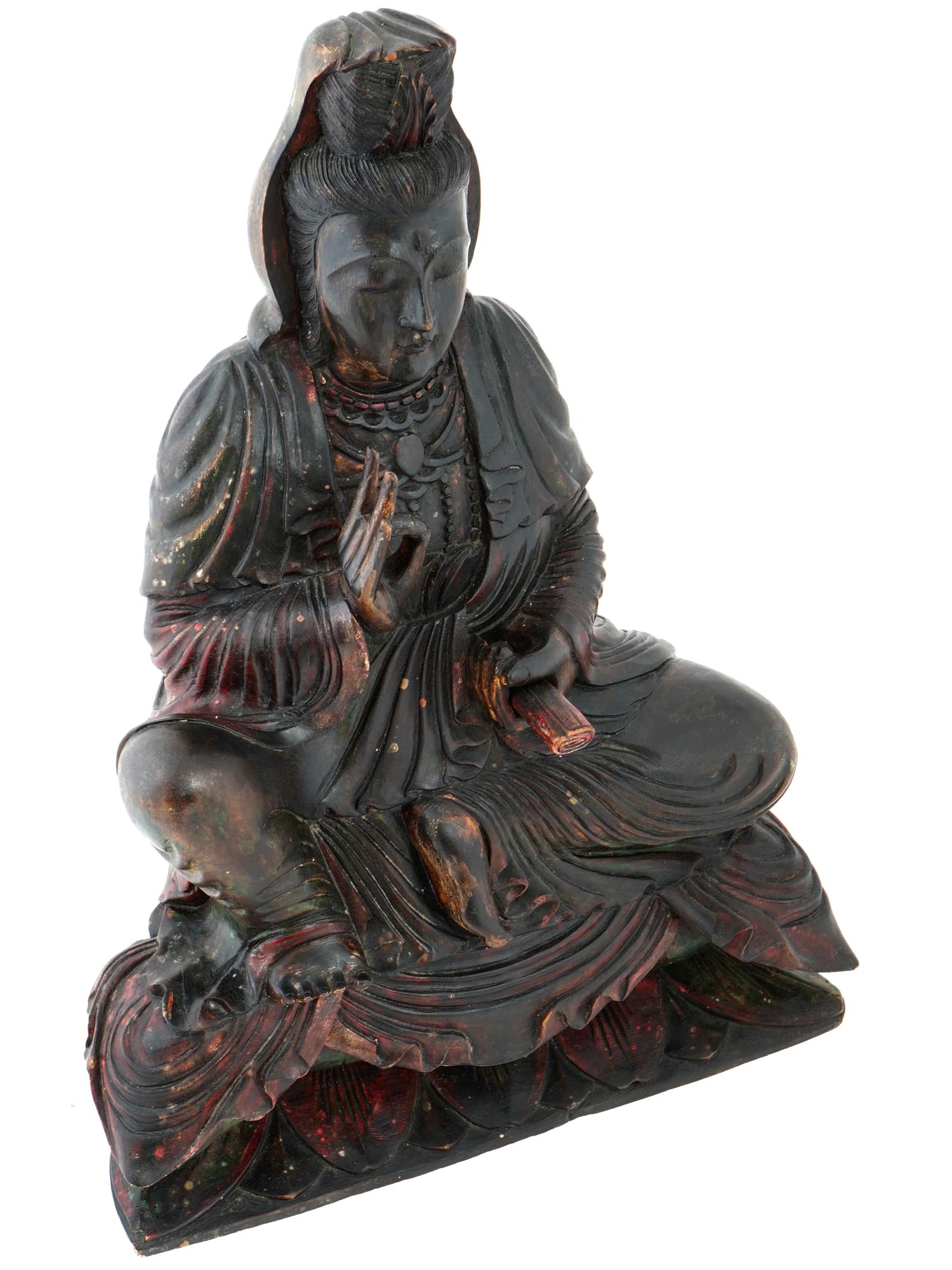ANTIQUE CHINESE PATINATED WOODEN FIGURE OF GUANYIN PIC-1