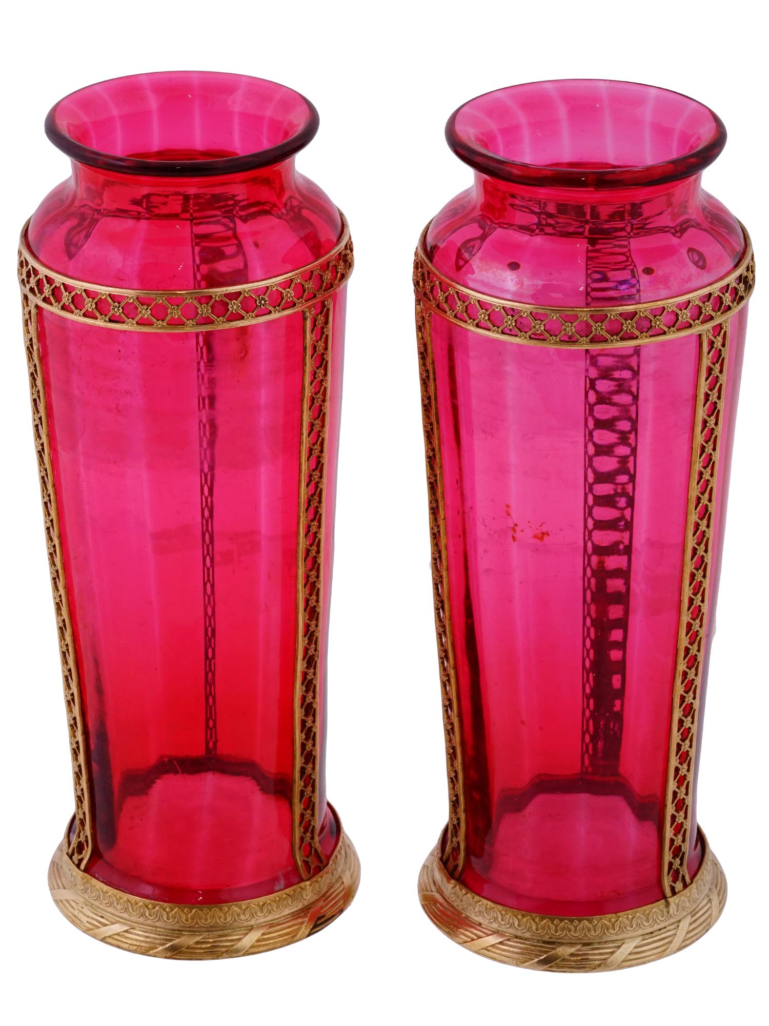 Lot 357 ANTIQUE FRENCH EMPIRE RED GLASS AND GILT BRASS VASES   Ah57802 (2) 