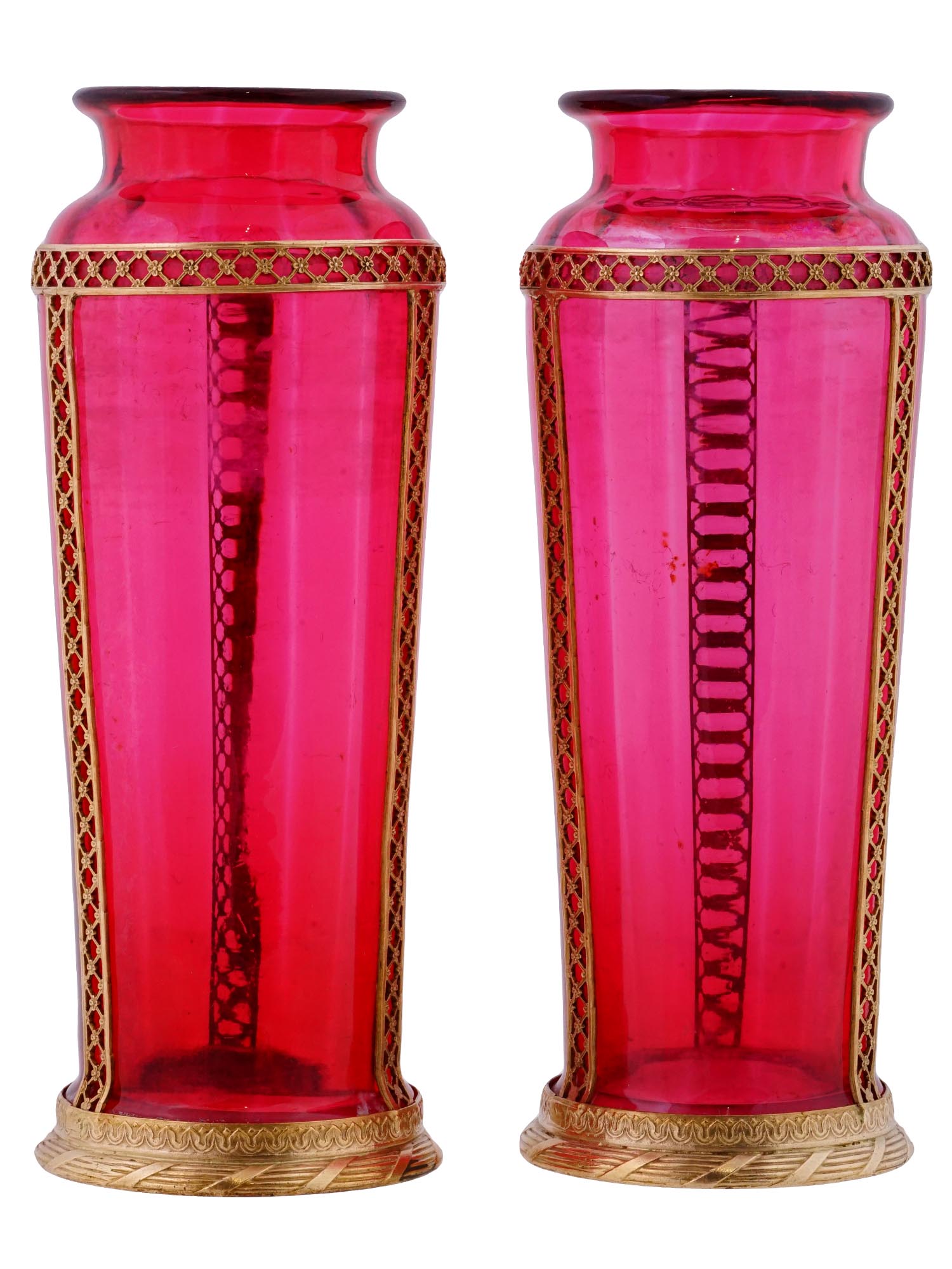 ANTIQUE FRENCH EMPIRE RED GLASS AND GILT BRASS VASES PIC-1