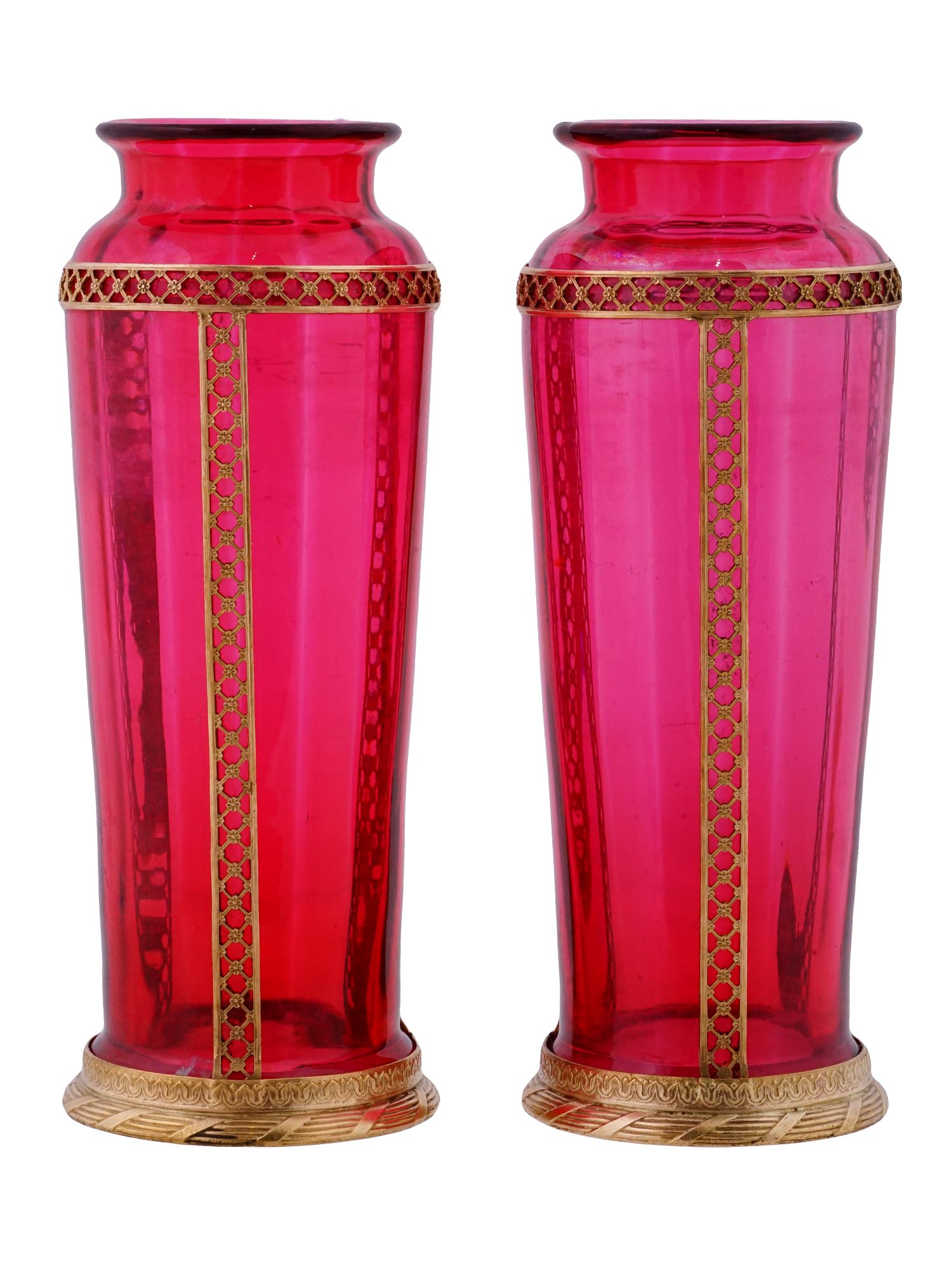 ANTIQUE FRENCH EMPIRE RED GLASS AND GILT BRASS VASES PIC-2