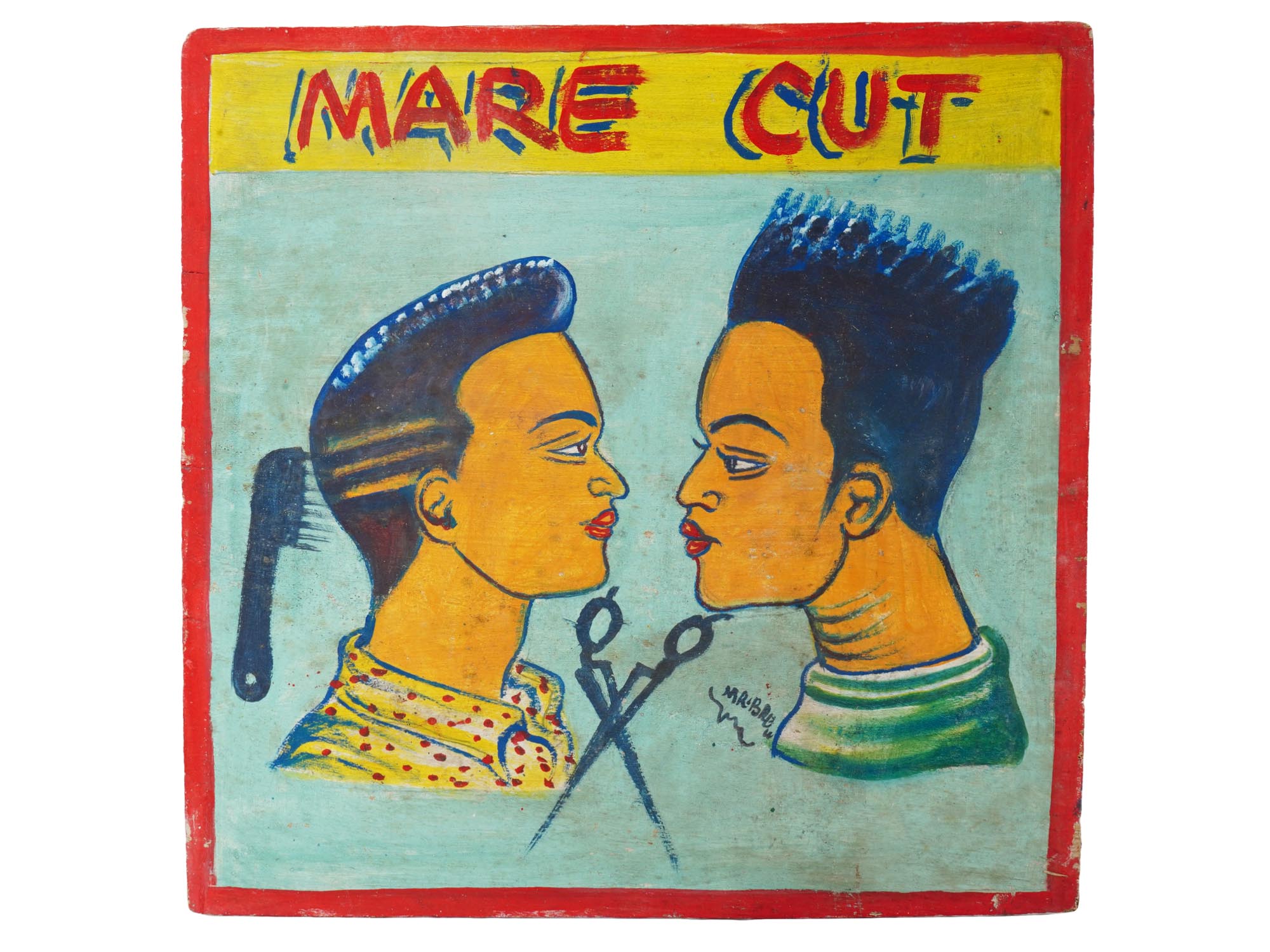 HAND PAINTED GHANA WEST AFRICA BARBERSHOP ADV SIGN PIC-0