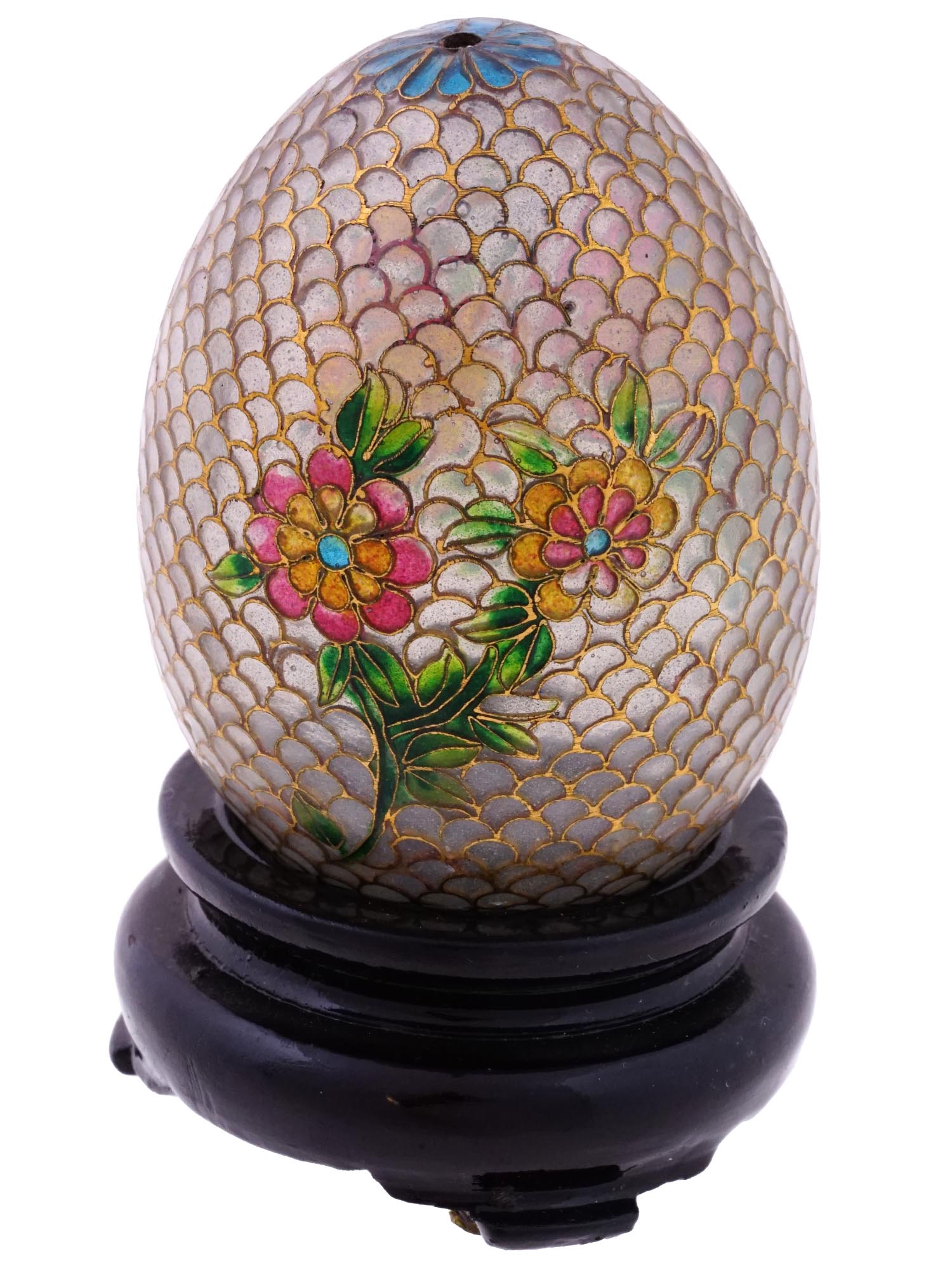 VINTAGE CHINESE PLAQUE A JOUR ENAMEL EGG WITH PEONIES PIC-1