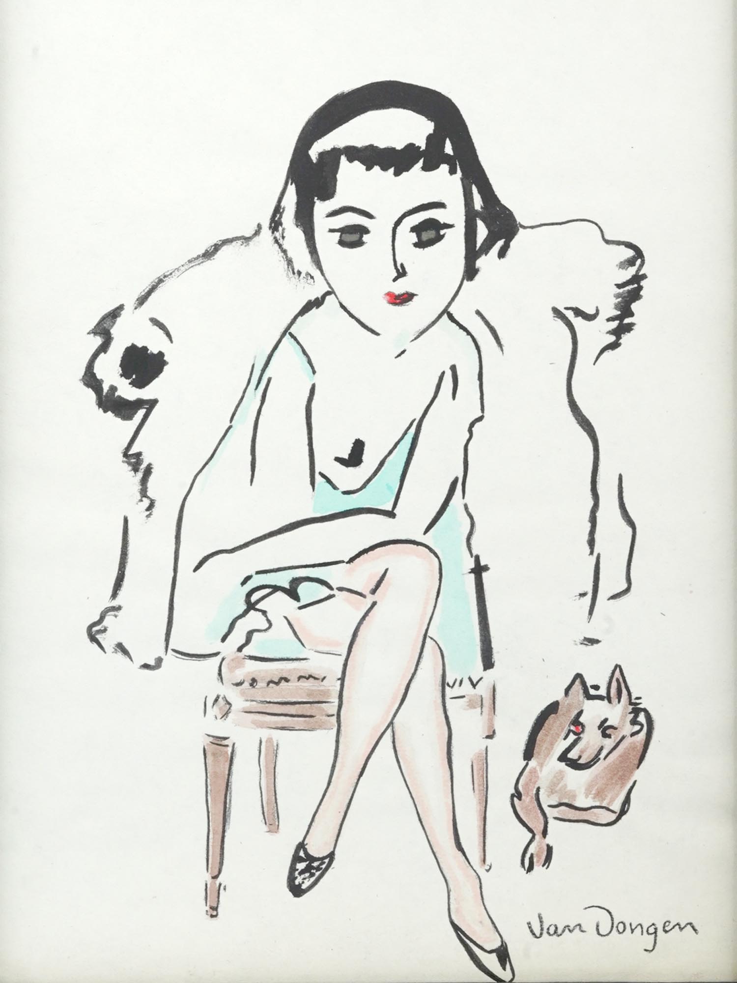 LADY DOG MIXED MEDIA PAINTING AFTER KEES VAN DONGEN PIC-1