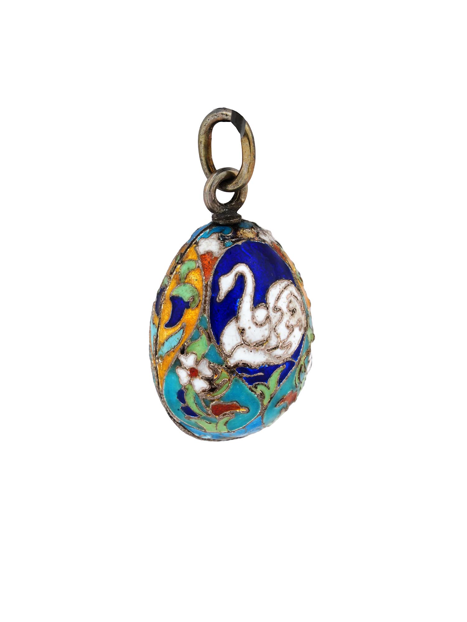 RUSSIAN GILT SILVER ENAMEL EGG PENDANT WITH SWAN PIC-1