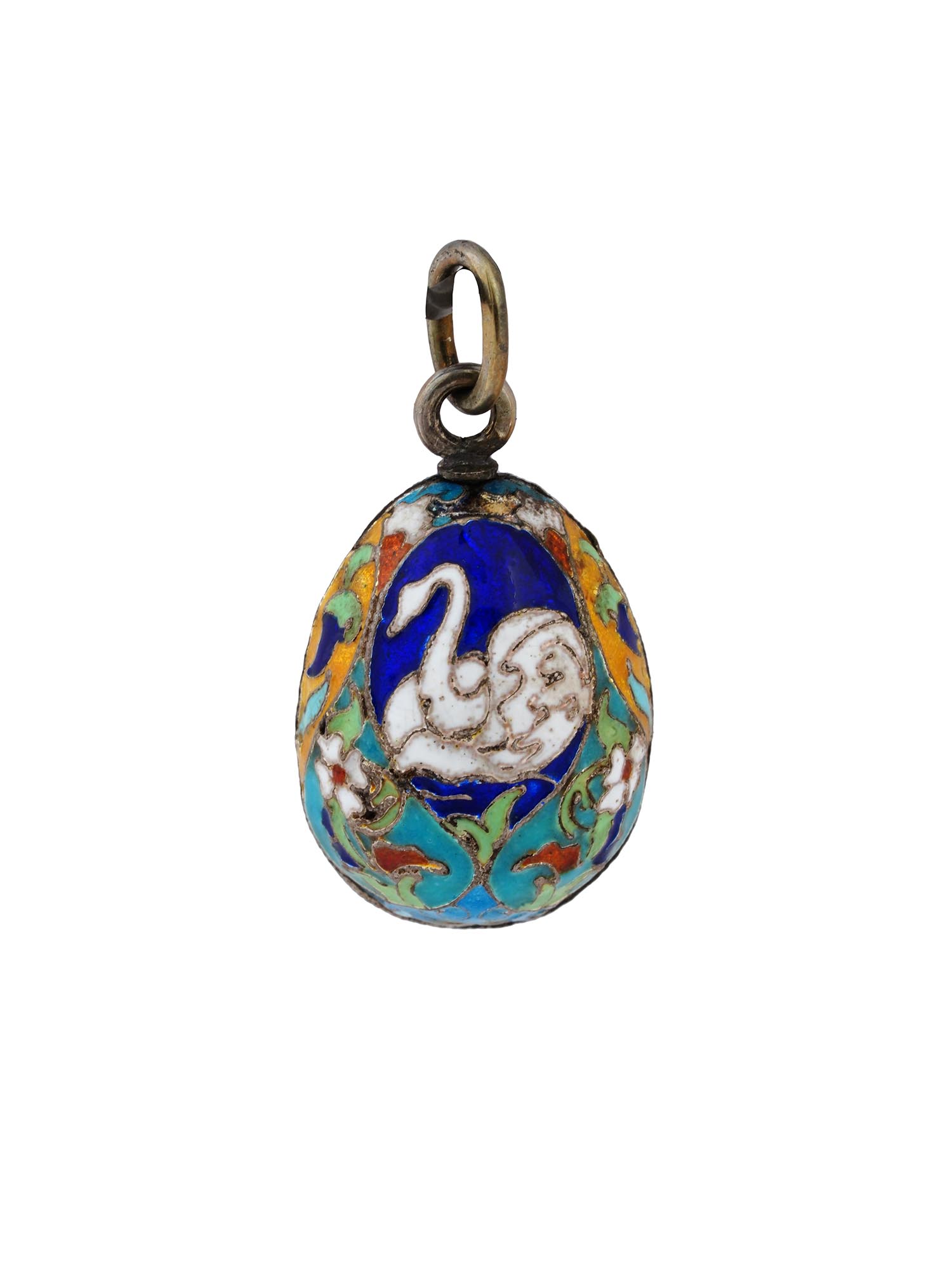 RUSSIAN GILT SILVER ENAMEL EGG PENDANT WITH SWAN PIC-0
