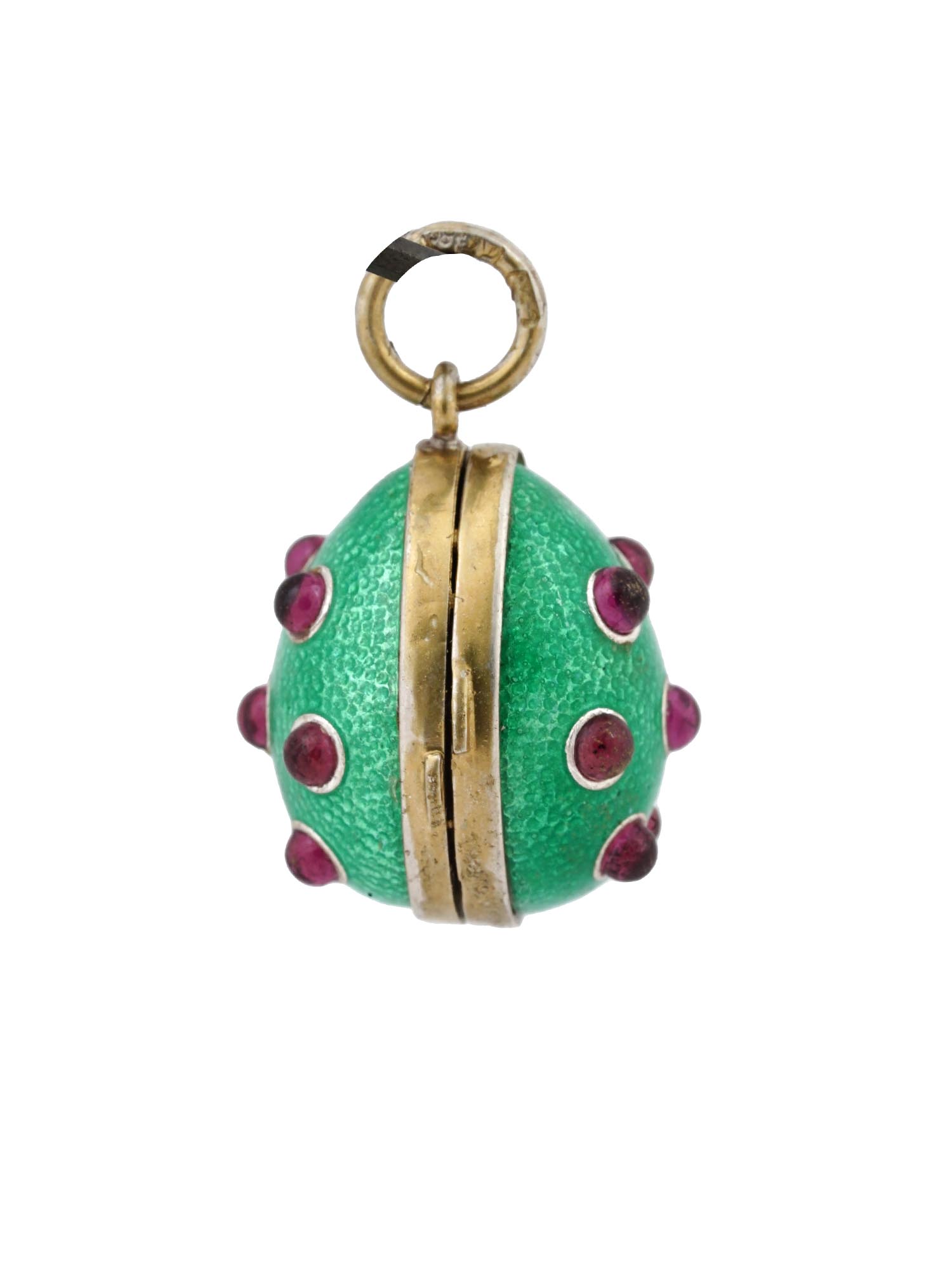 RUSSIAN 88 GILT SILVER ENAMEL RUBY EGG LOCKET PENDANT PIC-1