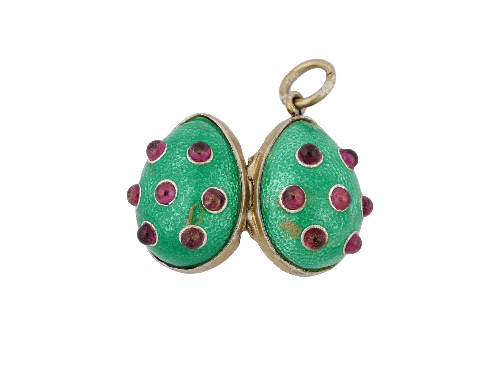 RUSSIAN 88 GILT SILVER ENAMEL RUBY EGG LOCKET PENDANT PIC-4