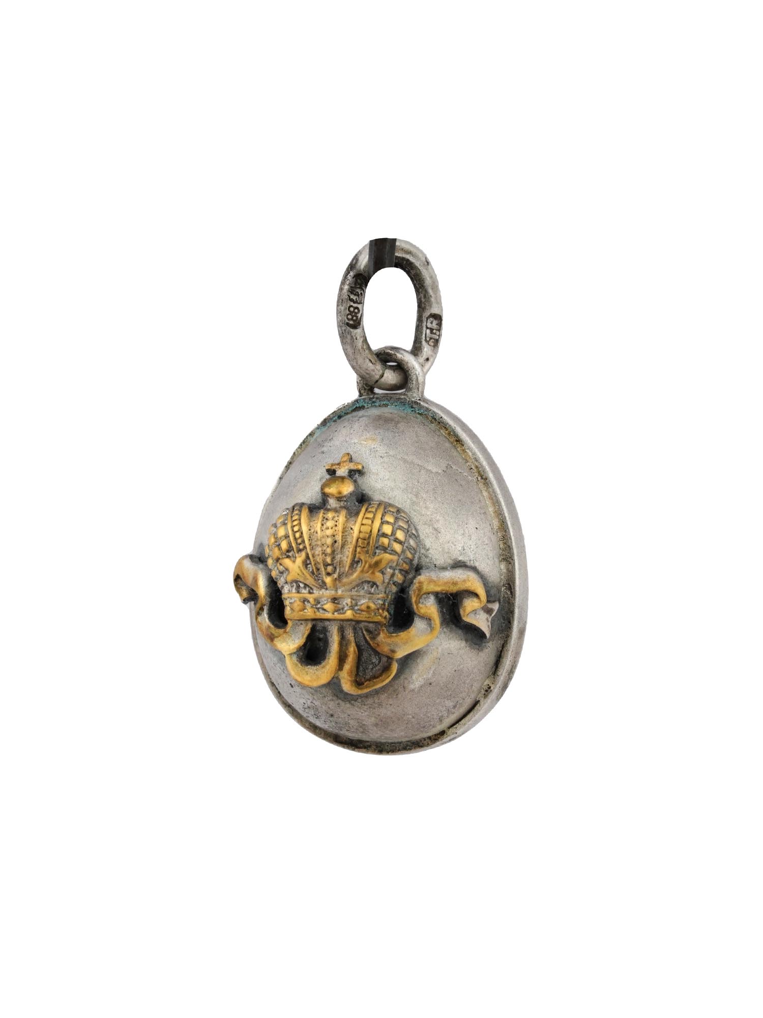 RUSSIAN 88 SILVER NICHOLAS II MONOGRAM EGG PENDANT PIC-0